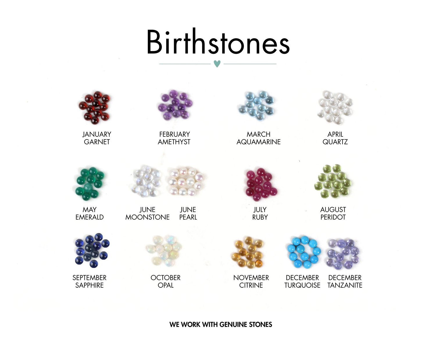 a collection of birthstones, each representing a different month of the year. The birthstones are arranged in a grid format, with each month's birthstone placed in a separate group. The text "Birthstones" is prominently displayed at the top of the image, and the phrase "WE WORK WITH GENUINE STONES" is written at the bottom.