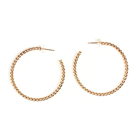14 Karat Yellow Gold-filled twisted hoop earrings are handcrafted to order.