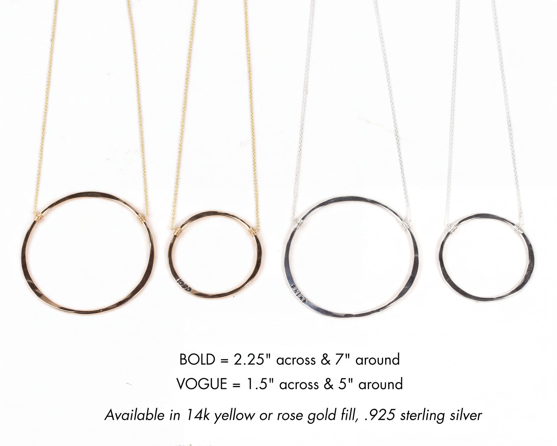 four different circular necklaces with varying sizes and designs, available in 14k yellow or rose gold fill, and made of sterling silver.