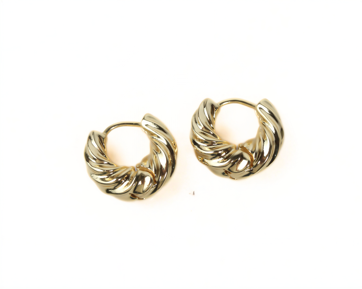 A pair of gold-colored earrings with twisted designs.