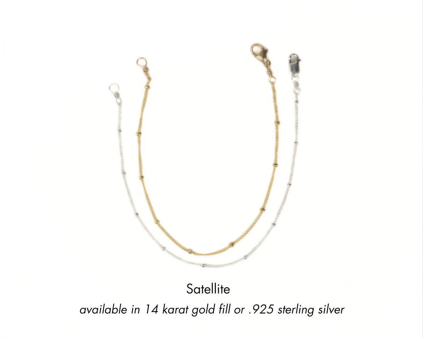 a necklace with a satellite pendant, available in 14 karat gold fill or 925 sterling silver.