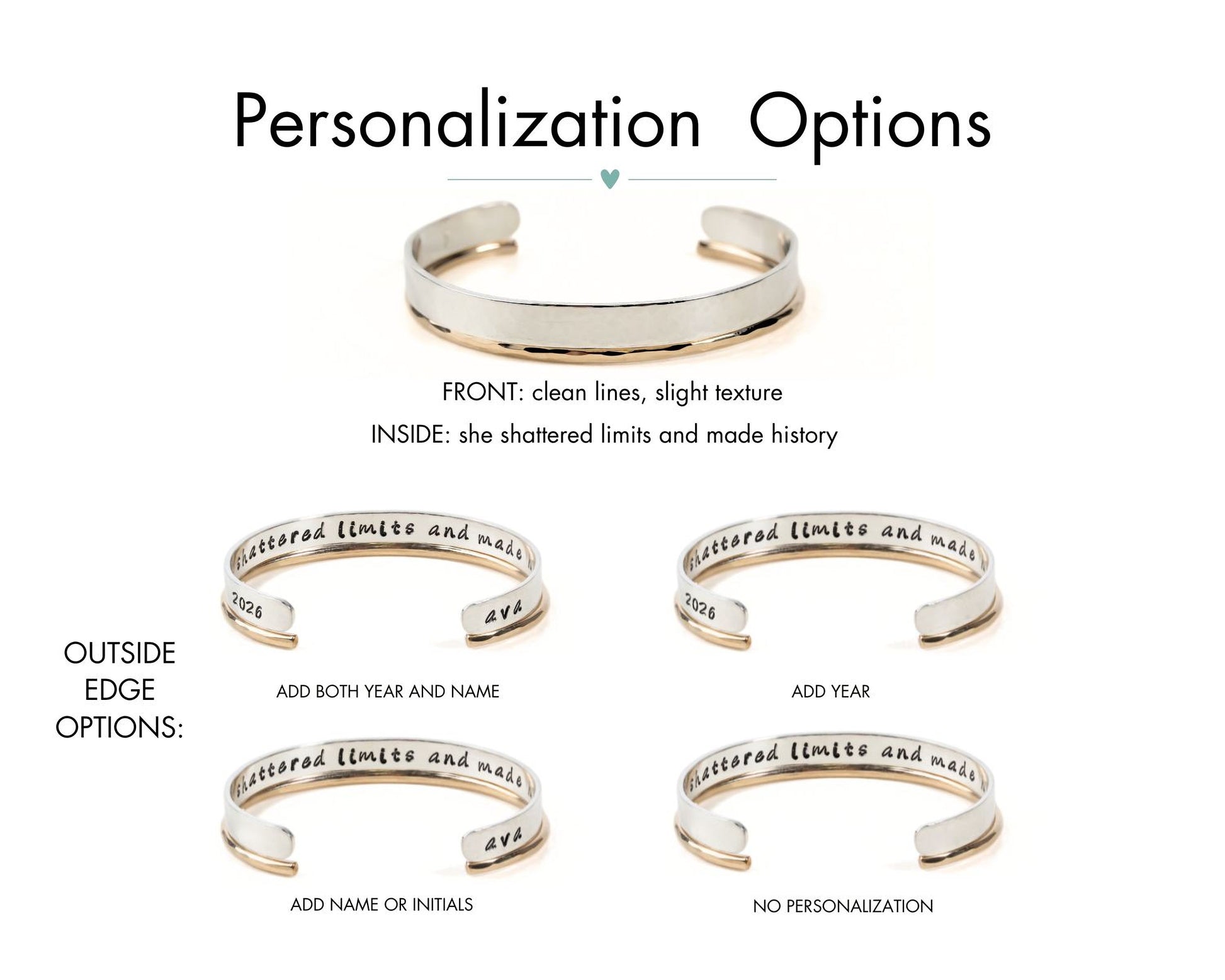 a variety of personalized bracelet options, including different styles and designs. The bracelets have the option to be customized with names, initials, and years. The image does not contain any text that is less than 500 characters, and it does not describe each bracelet individually. Instead, it focuses on the different styles and customization options available for the bracelets.