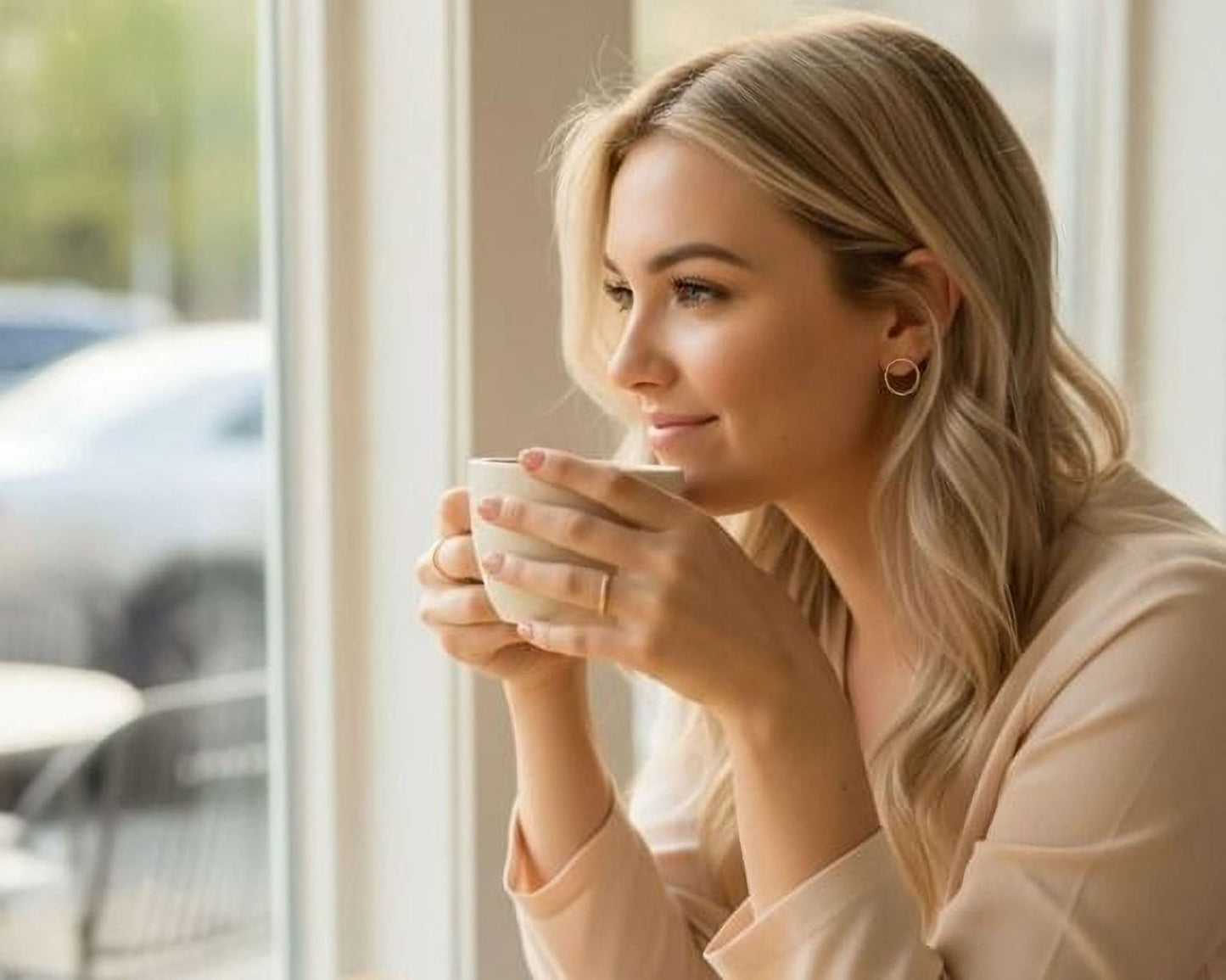 A woman with blonde hair is sitting at a table, holding a cup of coffee and looking out a window.