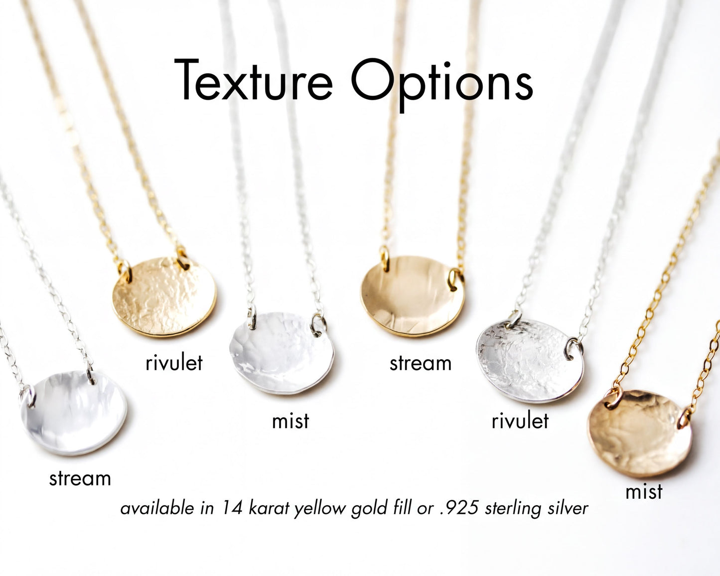 a collection of five round pendants with different textures, including rivet, stream, mist, rivet, and stream, arranged on a white background.