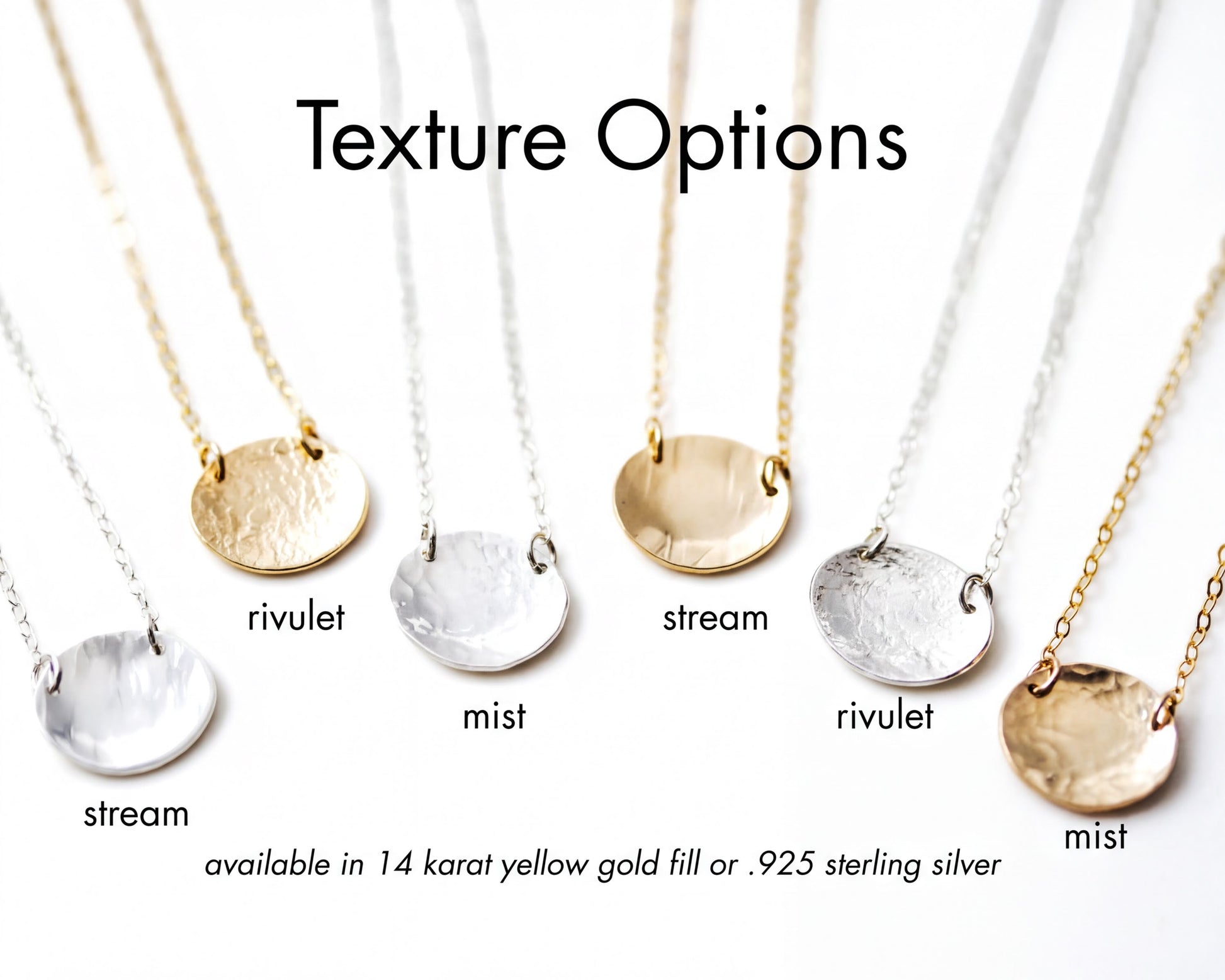 a collection of five round pendants with different textures, including rivet, stream, mist, rivet, and stream, arranged on a white background.