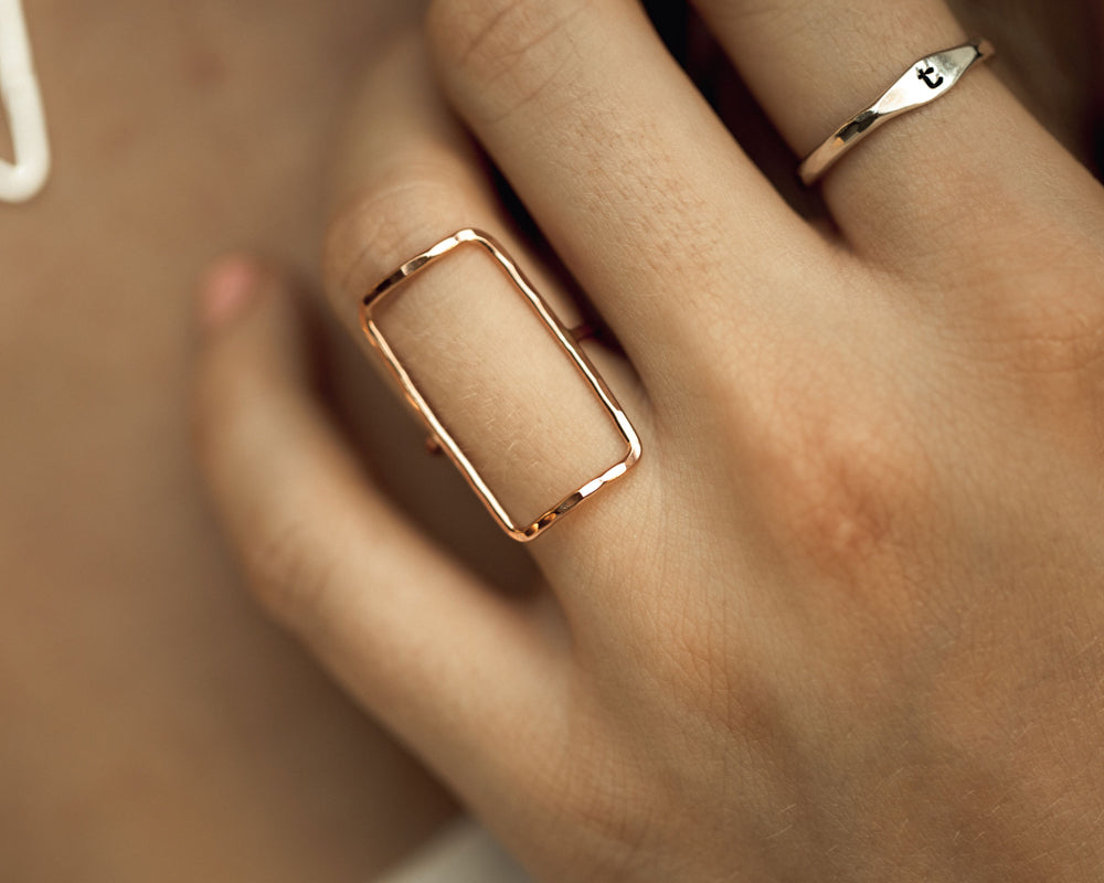 Make a statement with our bold open wire rectangle ring. 