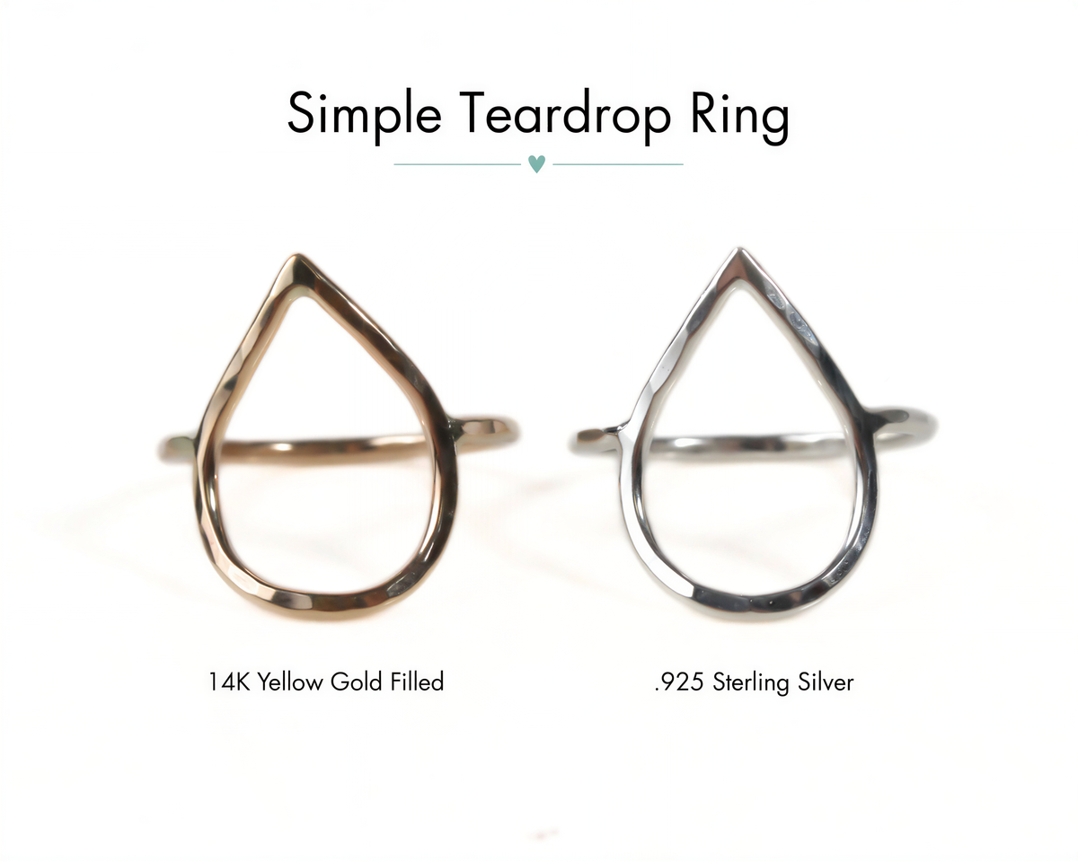 two simple teardrop-shaped rings, one 14K yellow gold filled and the other 925 sterling silver, both with a minimalist design.