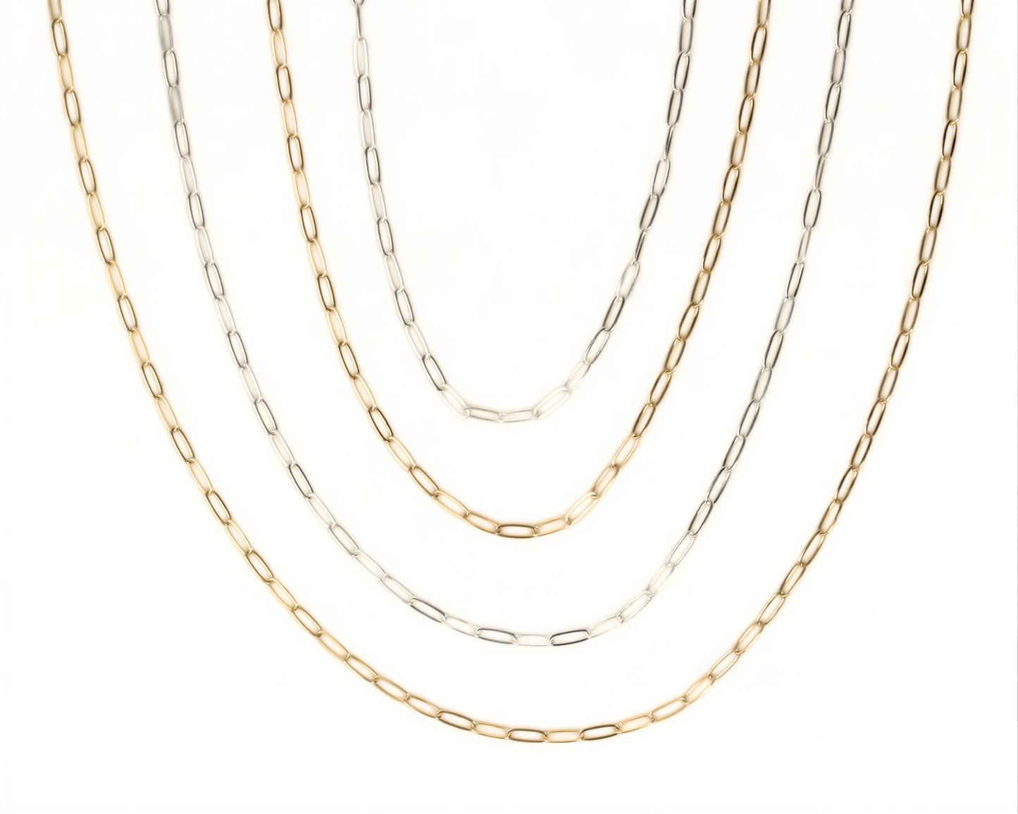 a collection of various chain necklaces, each with different colors and designs.