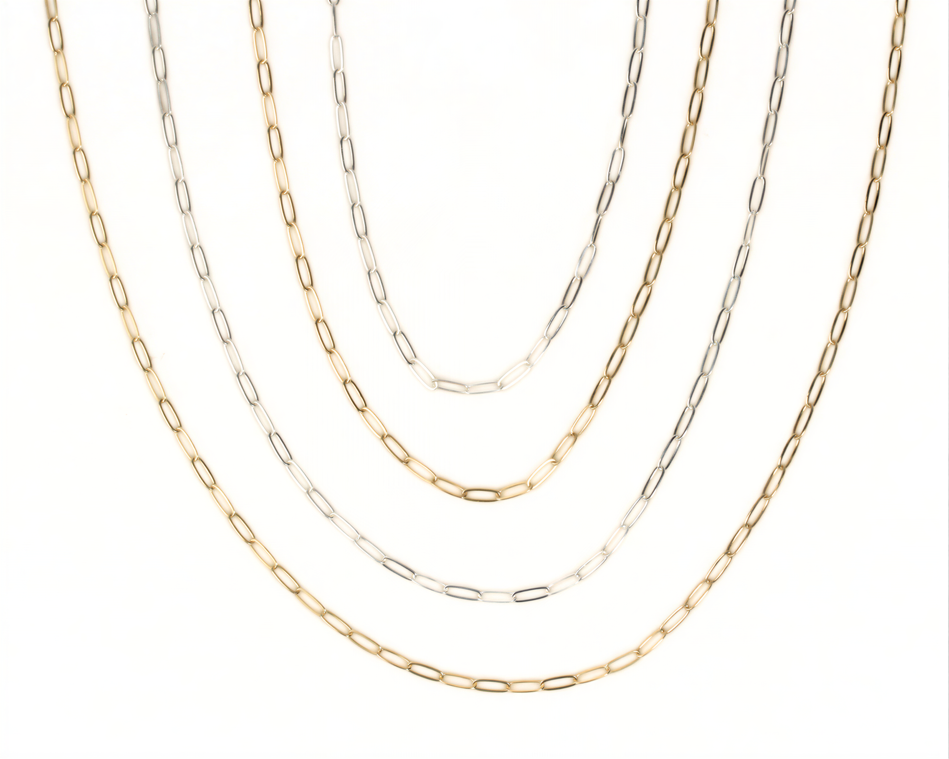 a collection of various chain necklaces, each with different colors and designs.