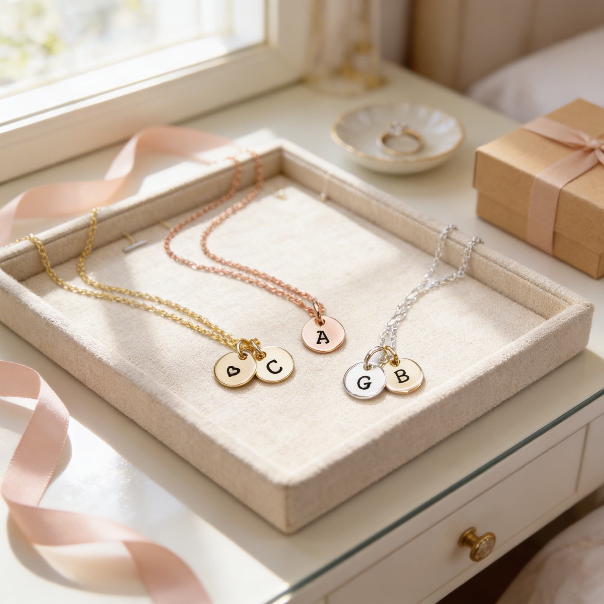 A jewelry display case containing three necklaces with personalized charms, each with a letter on it.