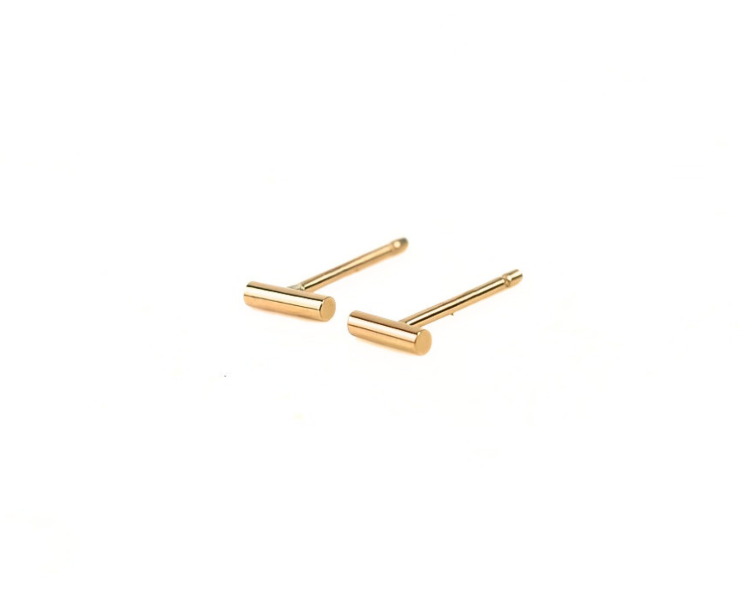 A pair of gold-colored earrings with a simple, minimalist design.