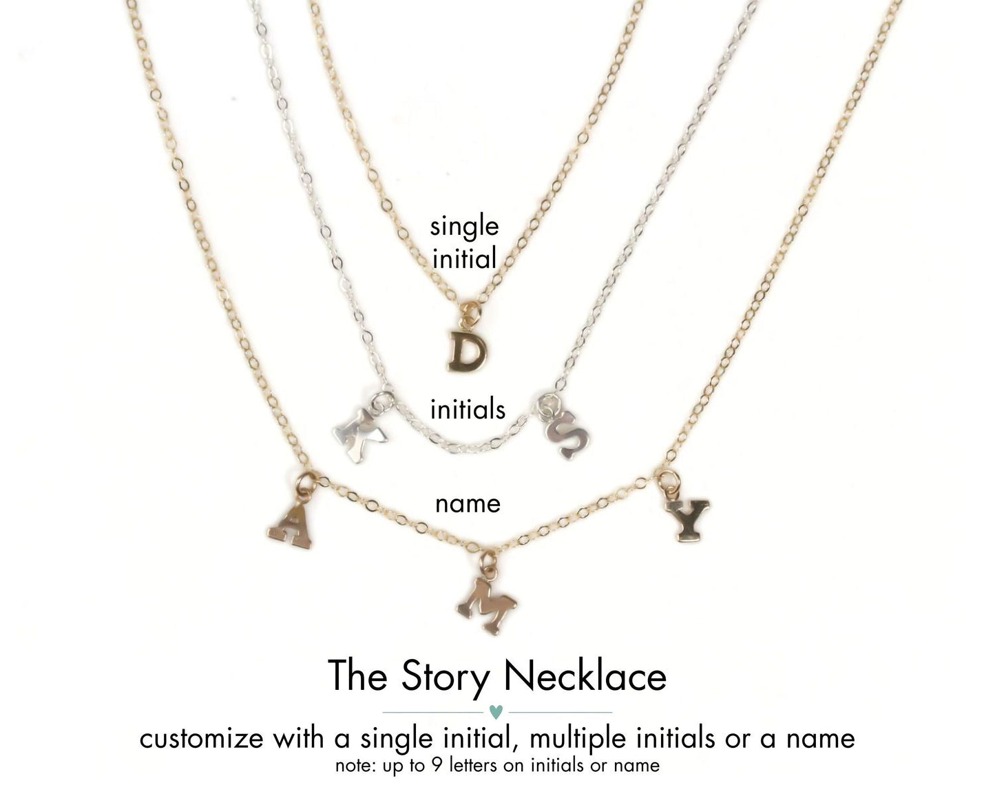 a collection of necklaces with initial charms attached to them. The necklaces are arranged in a way that allows for customization with a single initial, multiple initials, or a name. The text below the image provides information about the necklace customization options.