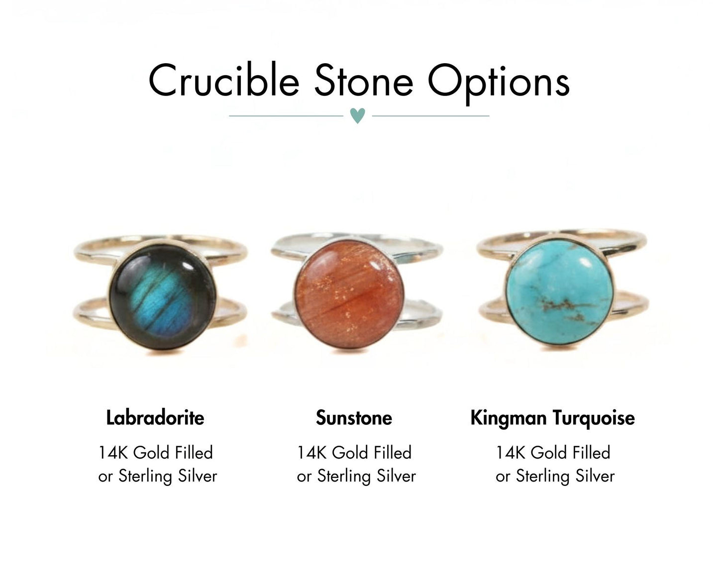 three different types of rings with gemstones: Labradorite, Sunstone, and Kingman Turquoise.