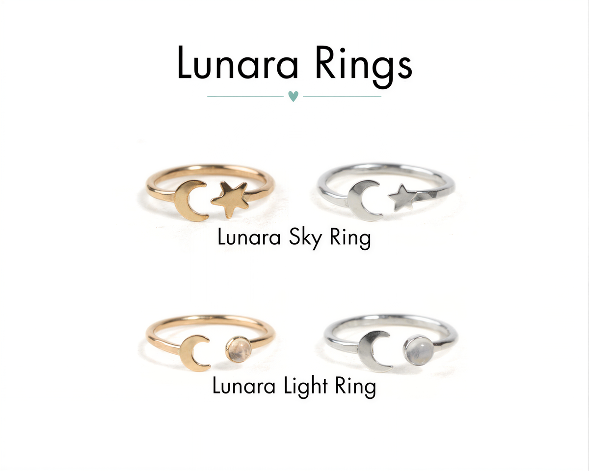 four different types of rings, each with a unique design and color: a gold ring with a crescent moon and star, a silver ring with a crescent moon and star, a gold ring with a crescent moon and a gemstone, and a silver ring with a crescent moon and a gemstone.