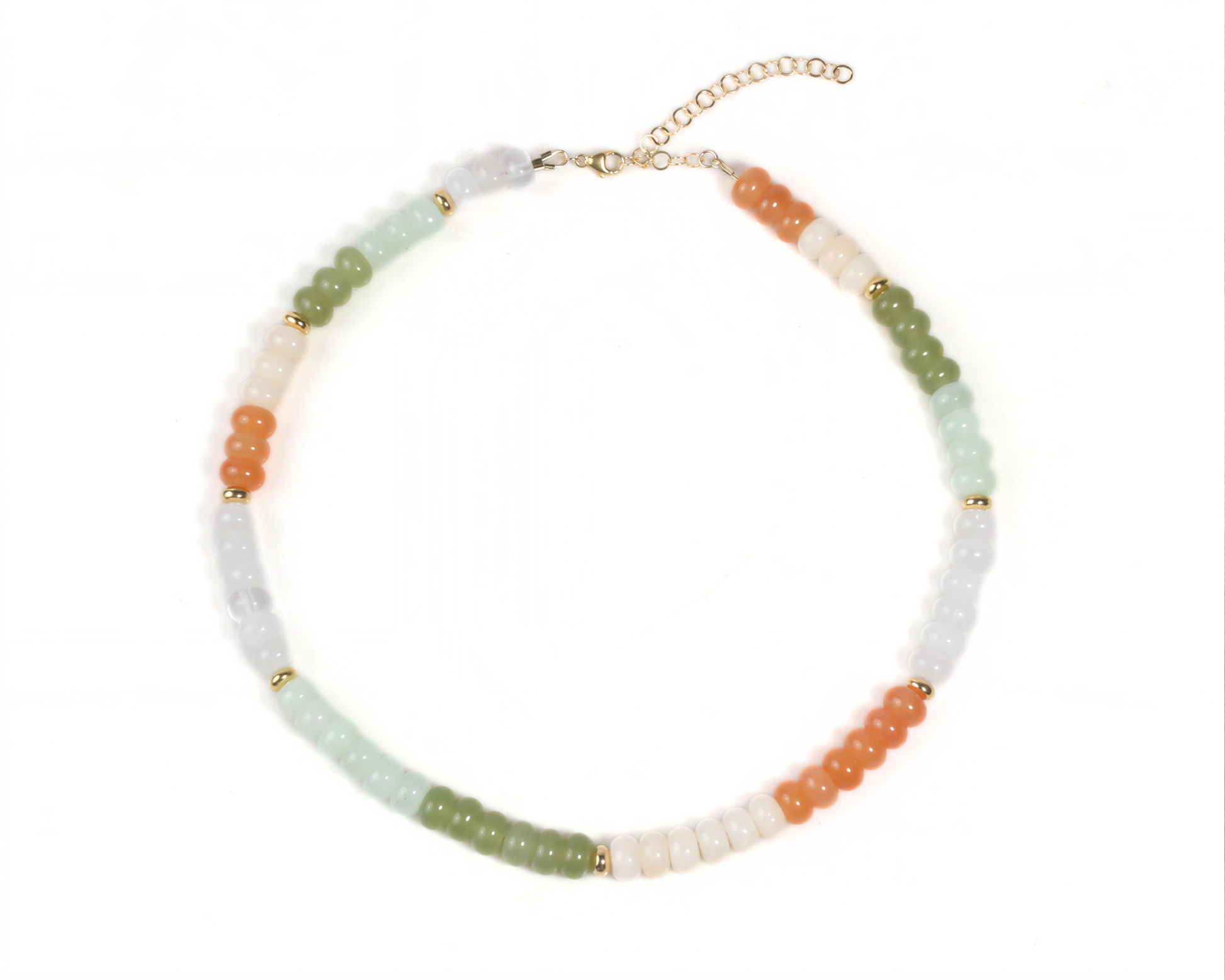 A necklace with colorful beads in various shades of green, orange, and white.