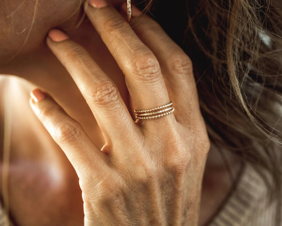 A close-up of a person's hand wearing a gold ring on the ring finger.