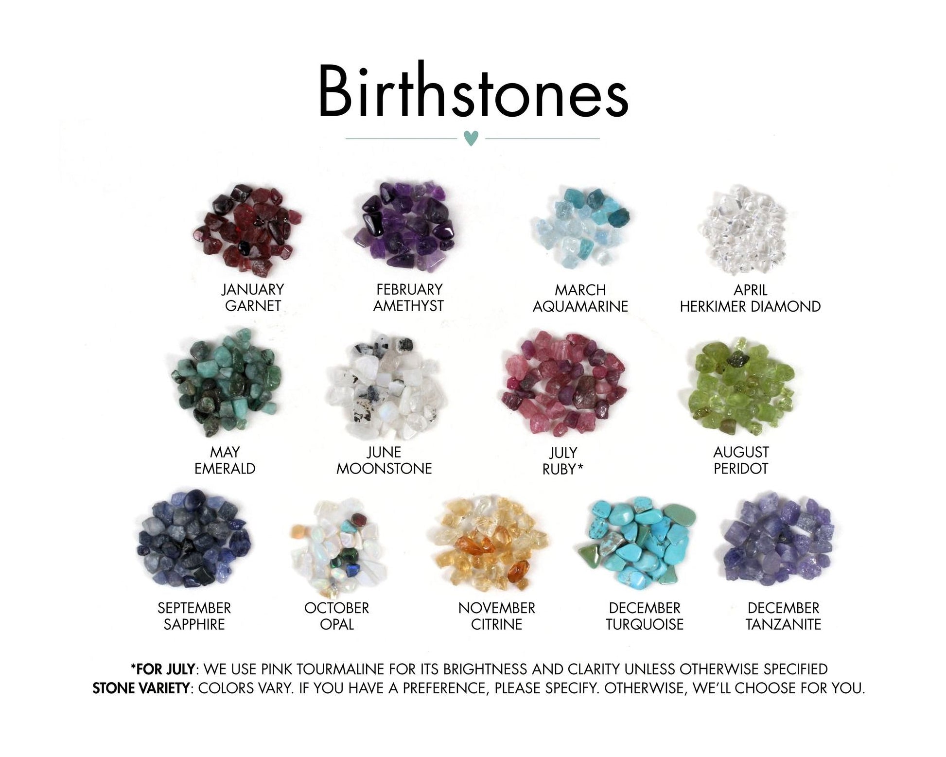 a collection of raw, genuine birthstones, each with a unique color and shape, arranged in a grid format.