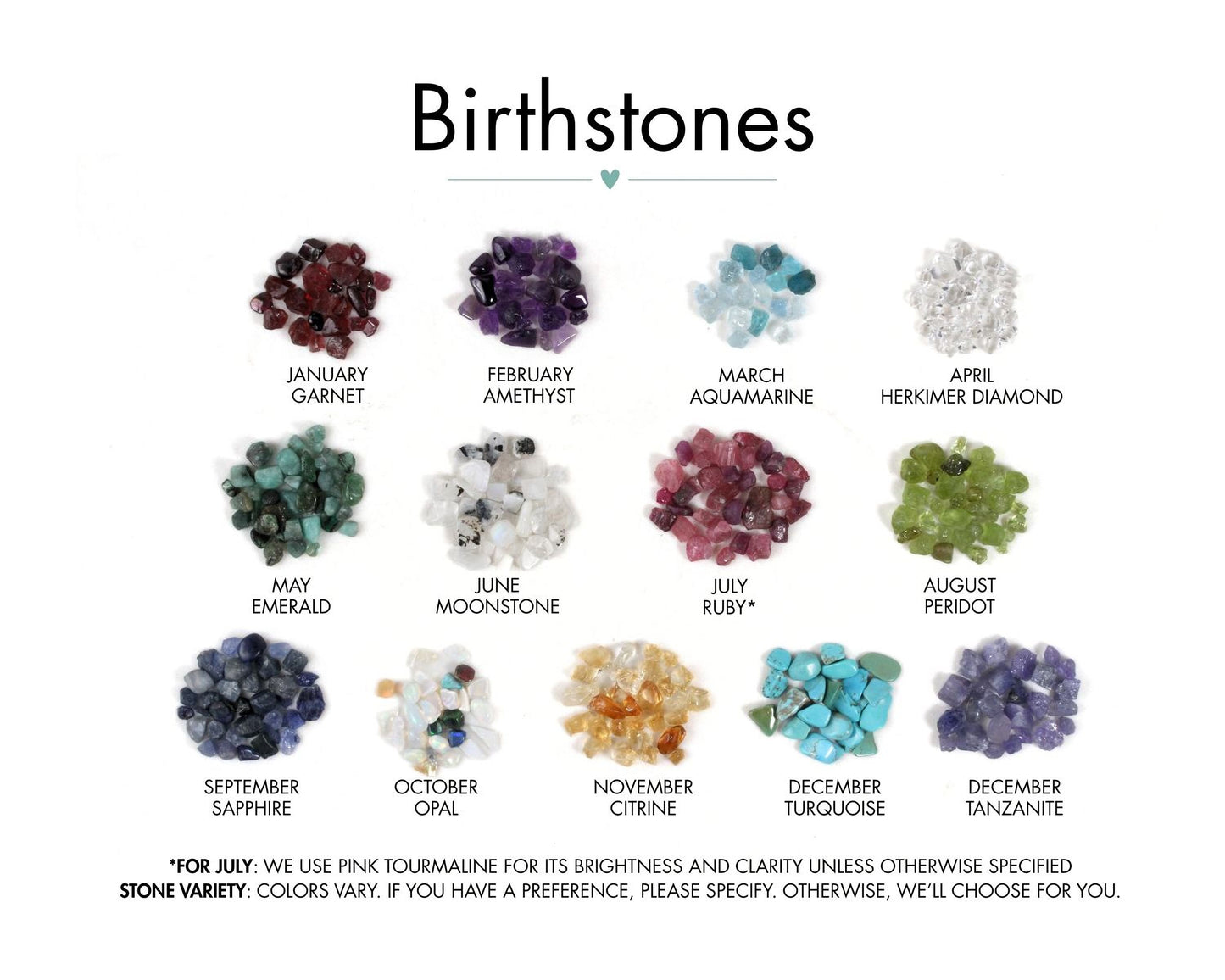 a collection of gemstones representing the months of the year, each with a different color and shape.