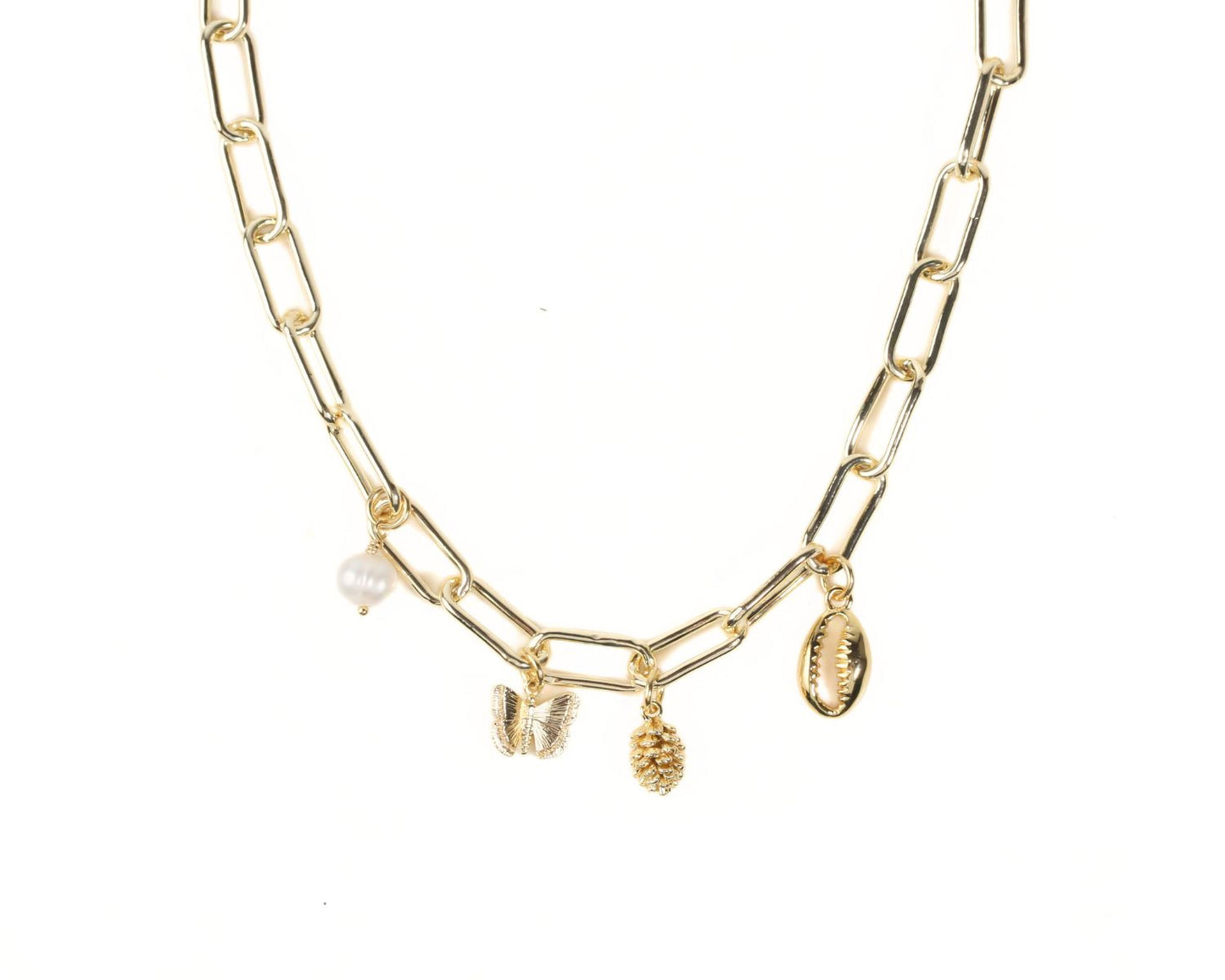 A gold chain necklace with various charms attached, including a pearl, a butterfly, a pine cone, and a shell.