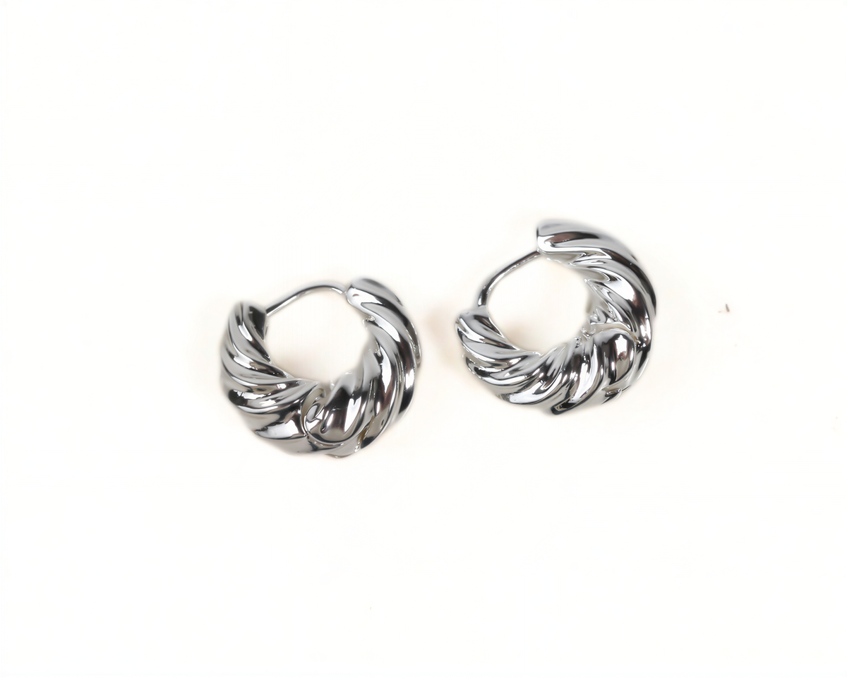 A pair of silver earrings with a twisted, spiral design.