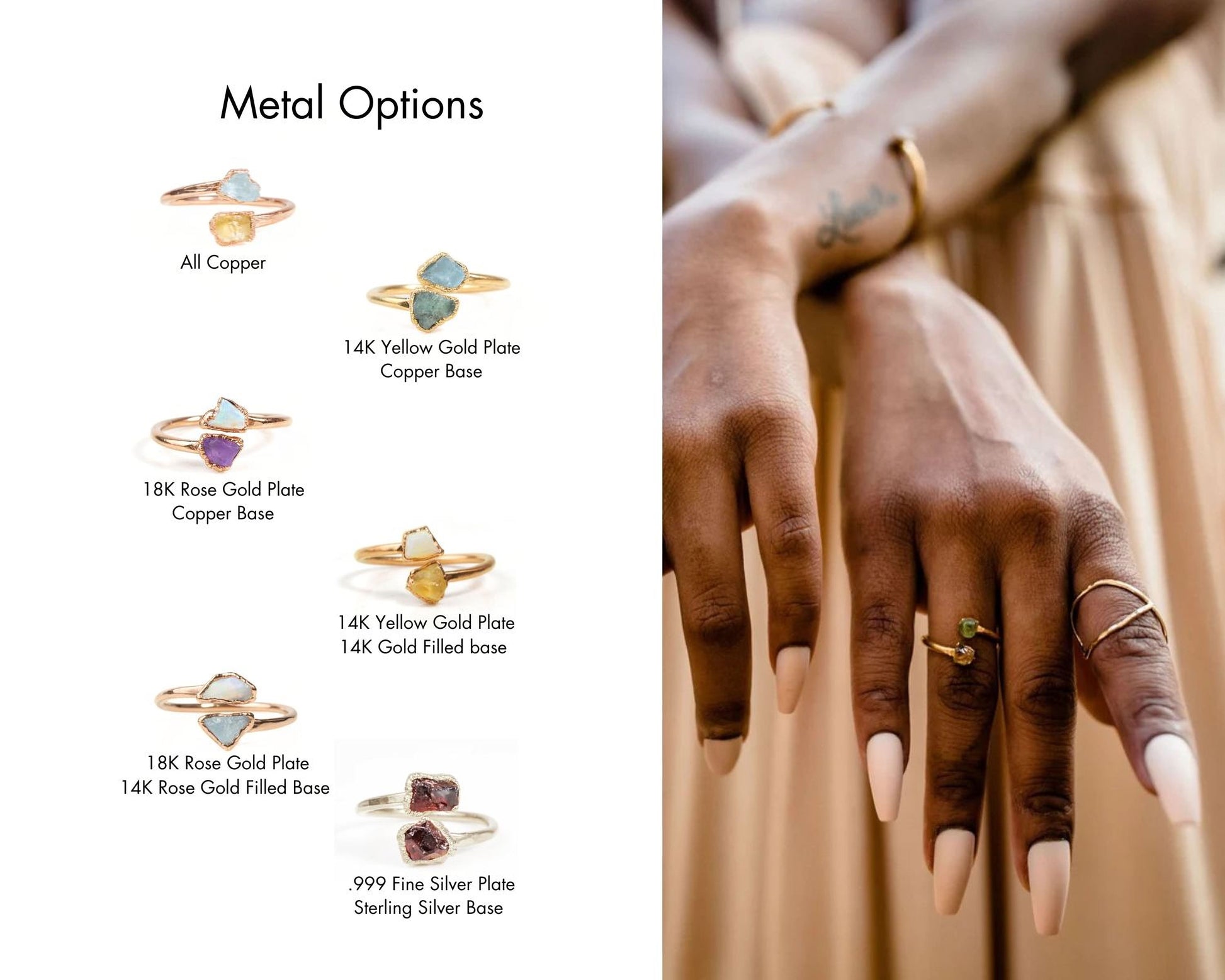 The image is a collage of various rings, showcasing different metal options such as copper, gold, and silver. The collage includes close-up shots of hands wearing these rings, providing a visual representation of the jewelry pieces.