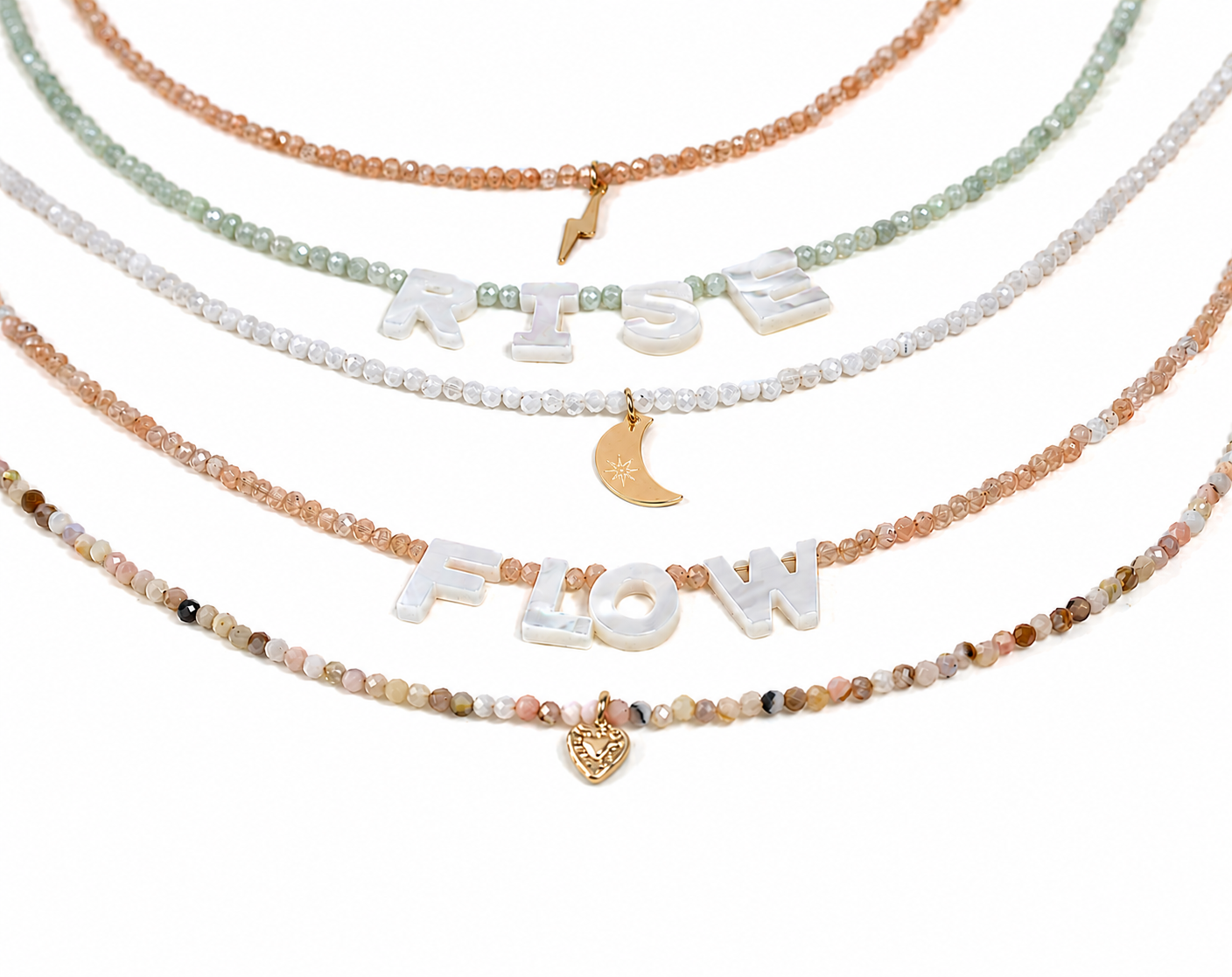 A collection of beaded necklaces with the words "RISE FLOW" spelled out in large letters.
