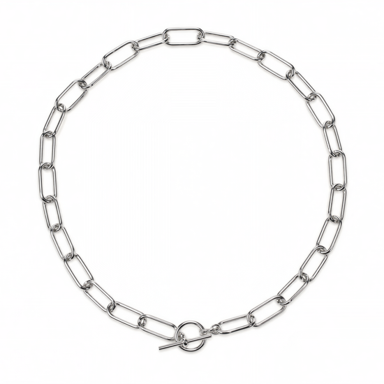 A silver chain necklace with a round clasp.