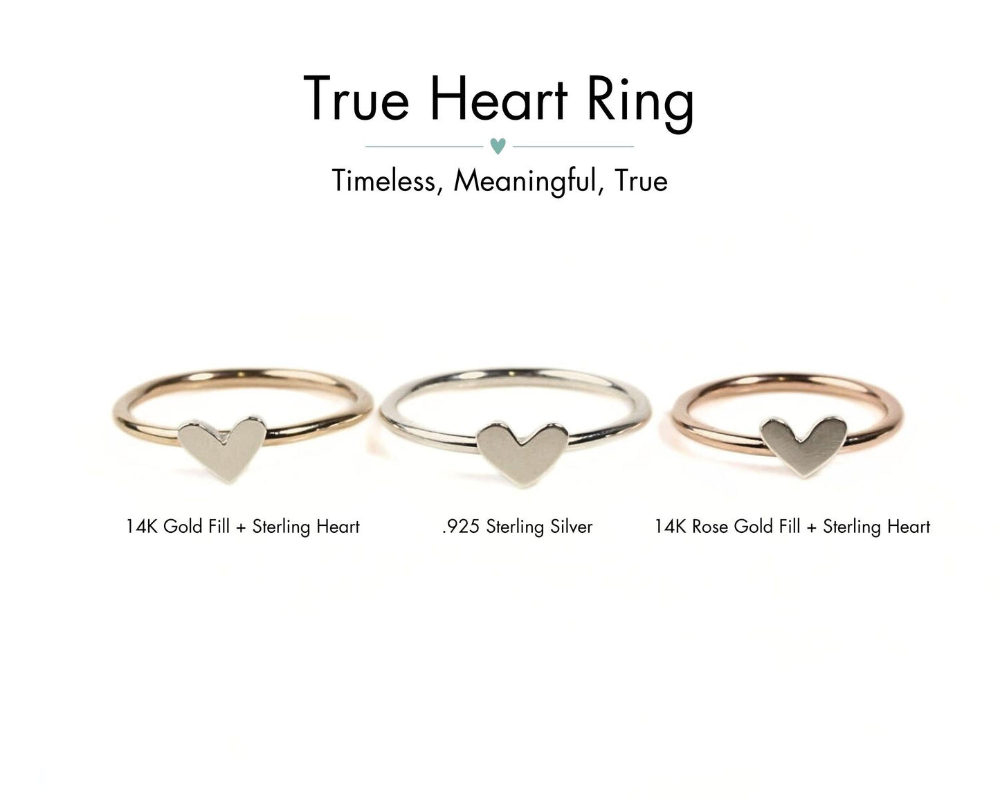 three rings with heart-shaped charms, each with a different fill material and description.