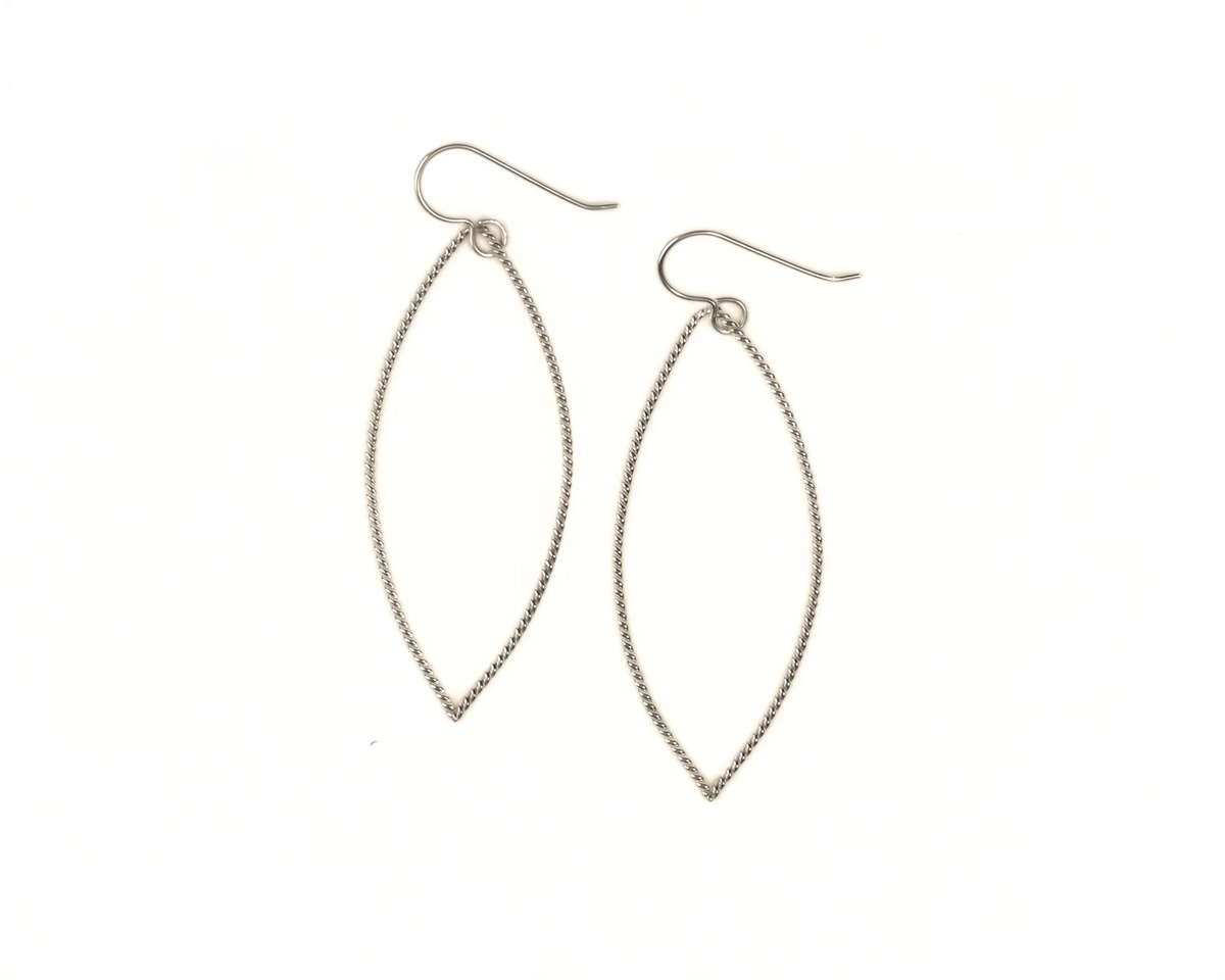A pair of silver earrings with a unique, oval-shaped design.