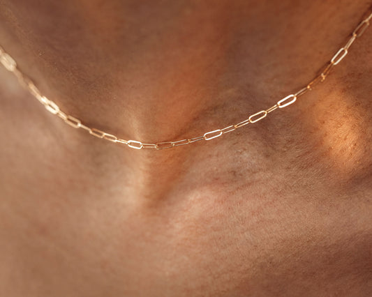 A close-up view of a delicate gold chain necklace worn around a person's neck.