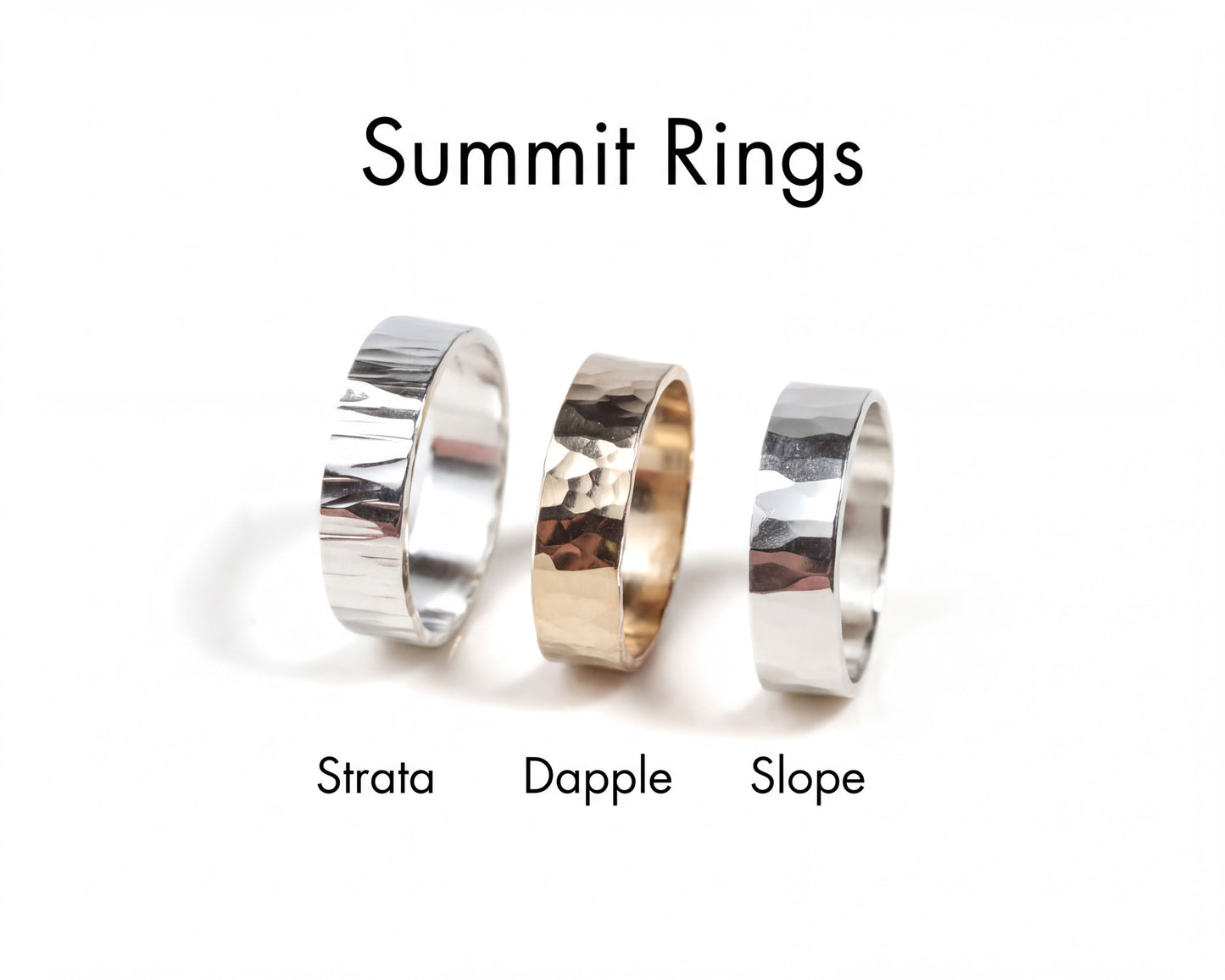 three different types of rings: a plain silver ring, a gold ring with a rough texture, and a silver ring with a smooth texture.