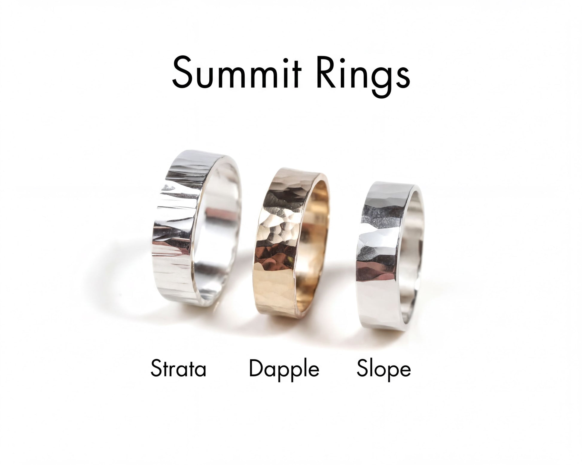 three different types of rings: a plain silver ring, a gold ring with a rough texture, and a silver ring with a smooth texture.
