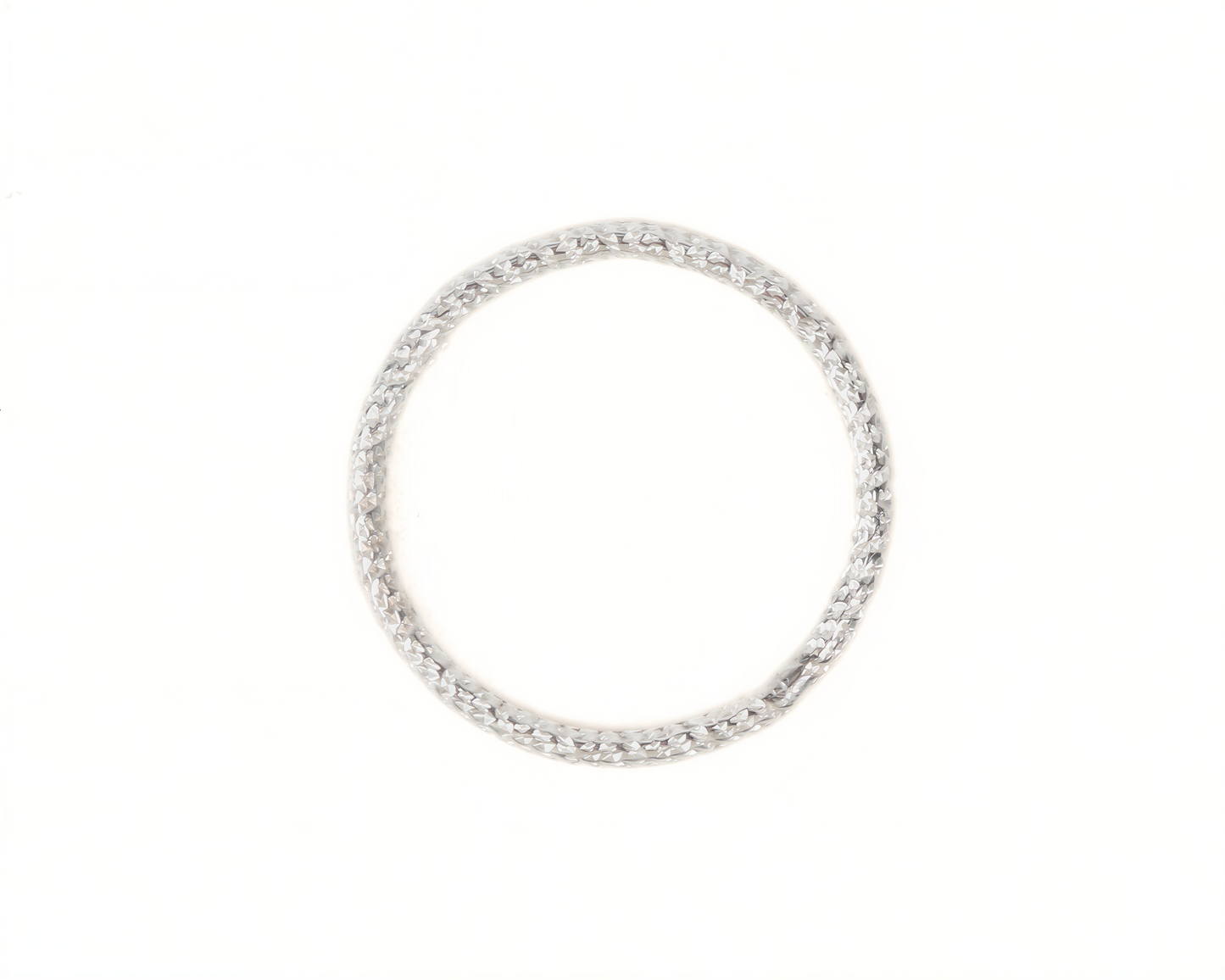 A silver ring with a diamond-encrusted band is shown against a white background.