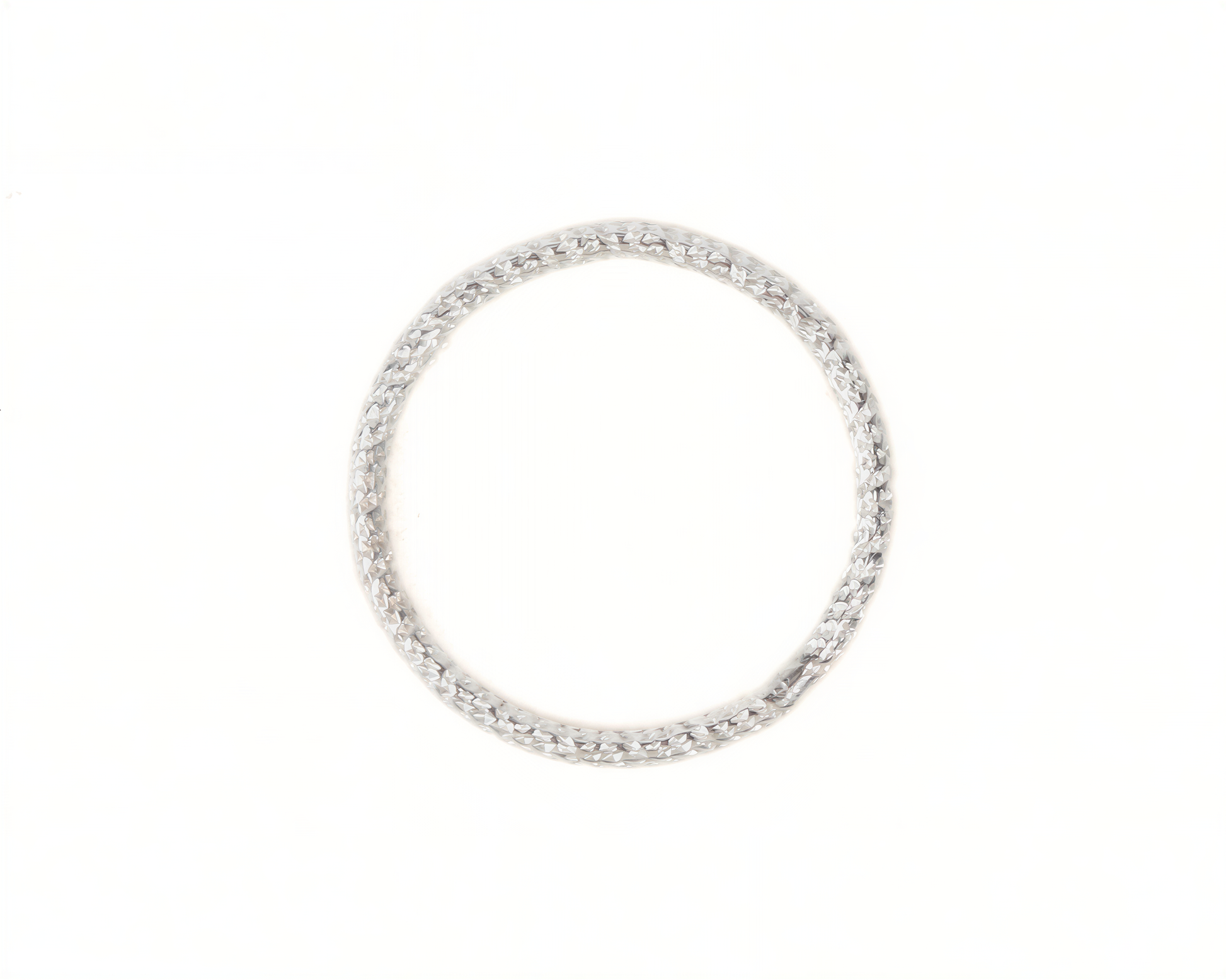 A silver ring with a diamond-encrusted band is shown against a white background.