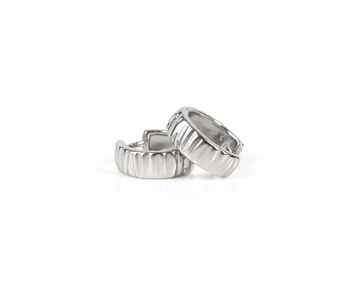 Two silver earrings are shown against a white background.