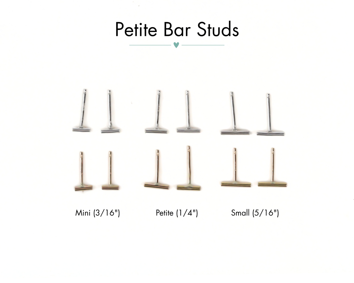 a collection of earring studs in various sizes, including mini, petite, and small.