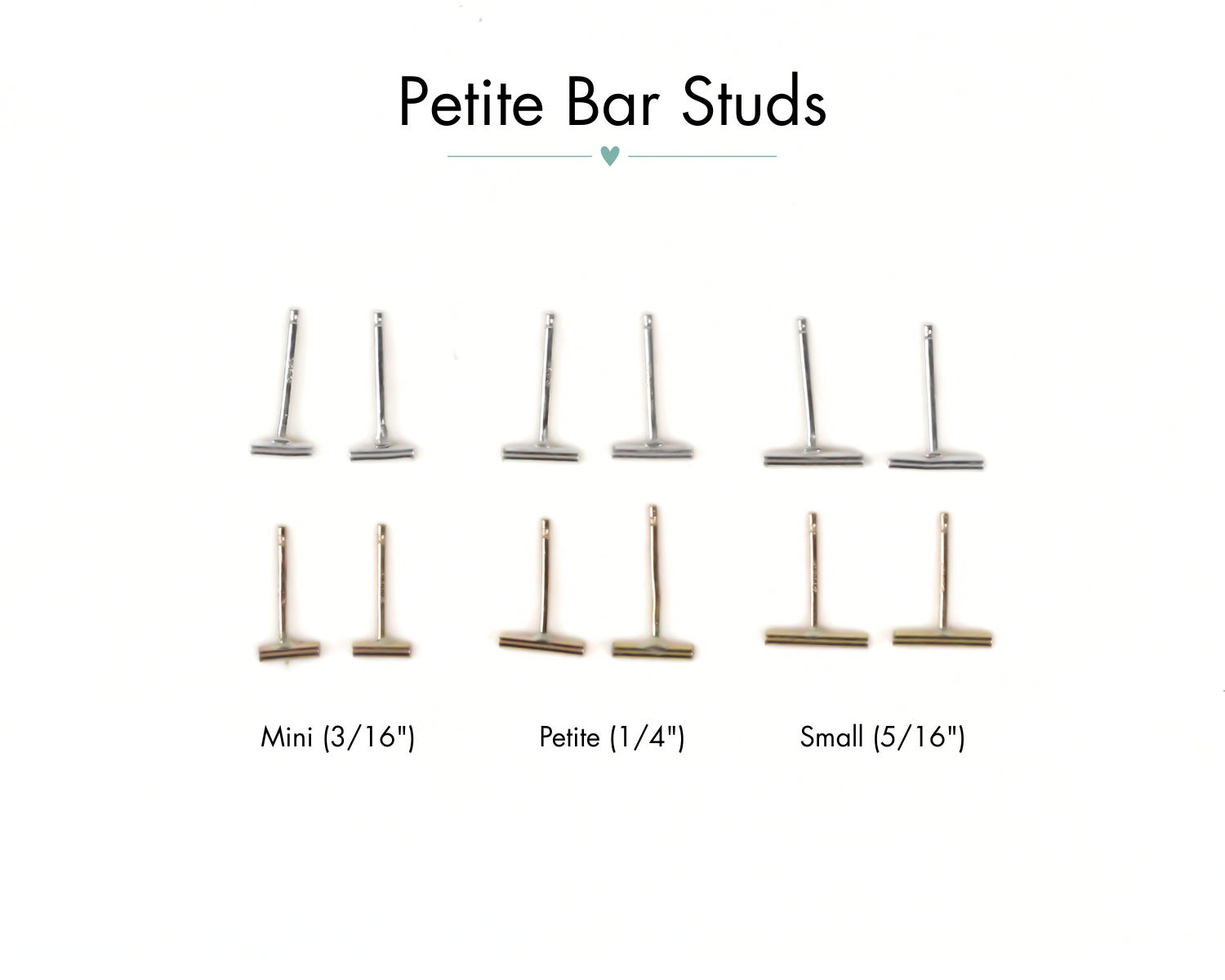 a collection of earring studs in various sizes, including mini, petite, and small.
