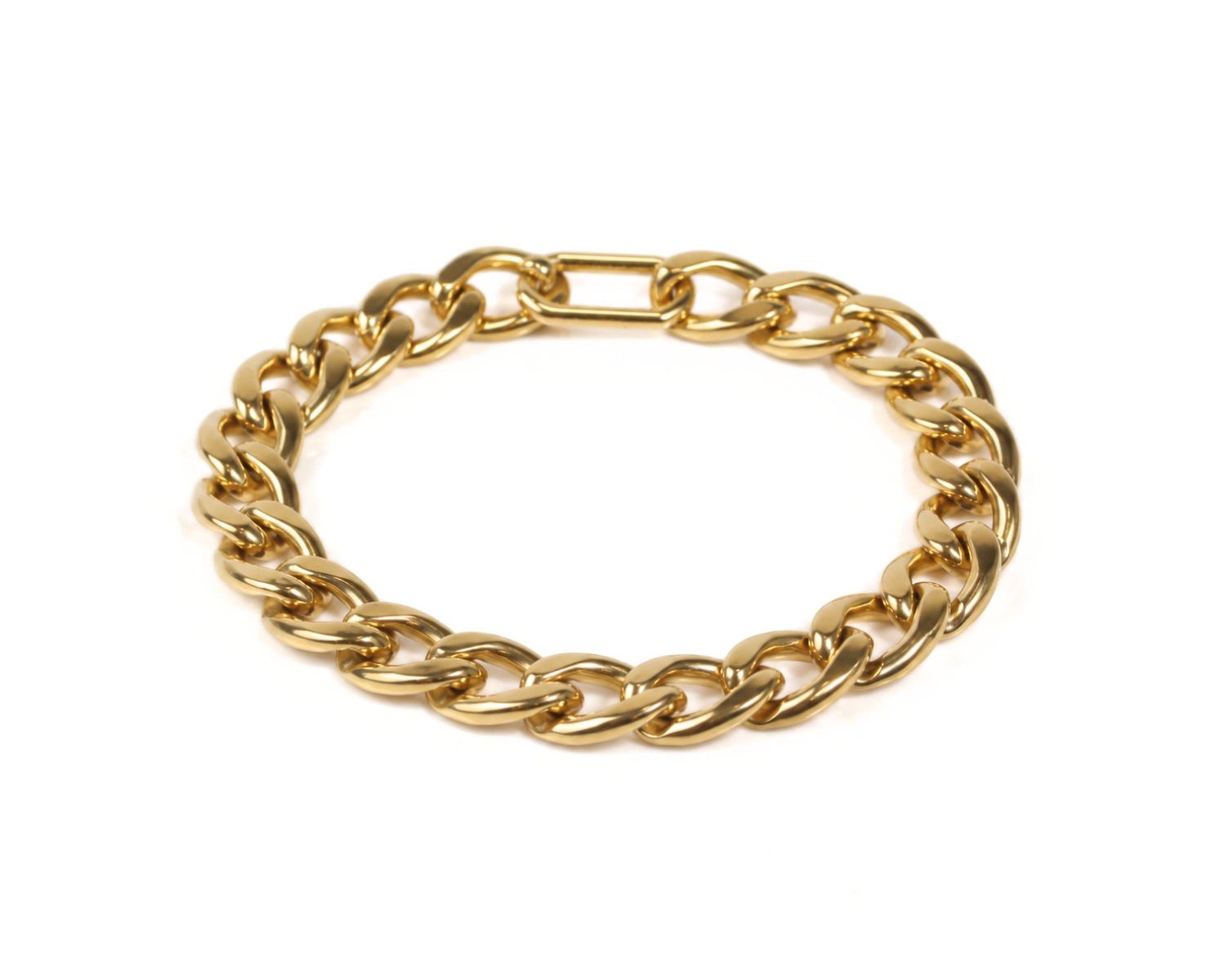 A gold-colored bracelet with a chain-link design.