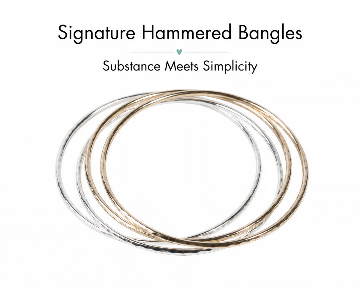 a collection of signature hammered bangles arranged in a circular pattern, with the text "Signature Hambled Bangle" and "Substance Meets Simplicity" above and below the arrangement.