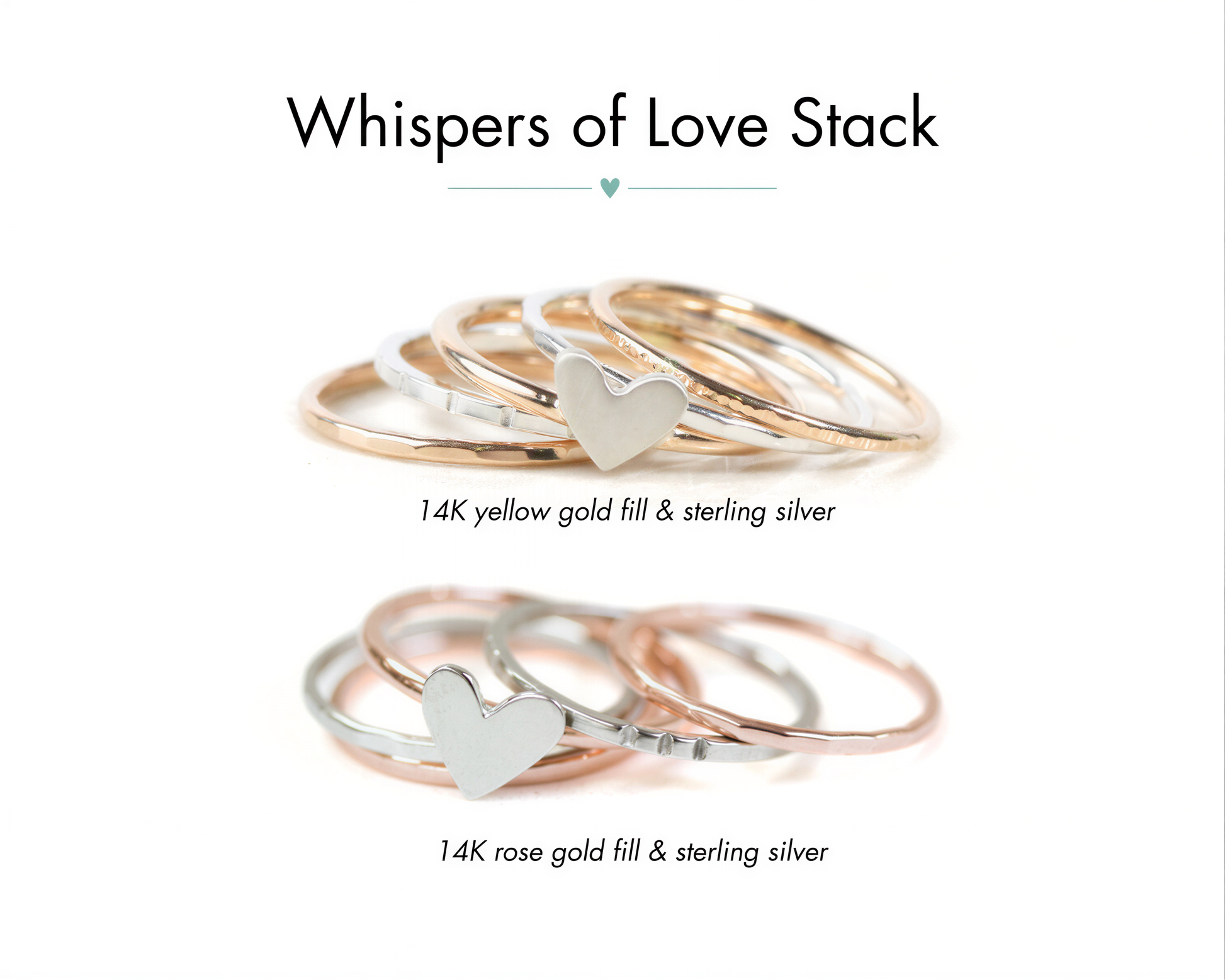 a collection of rings, each with a heart-shaped charm in different colors, including gold, rose gold, and silver. The text above the image reads "Whispers of Love Stack", and below the image, it states "14K yellow gold fill & sterling silver" and "14K rose gold fill & sterling silver".