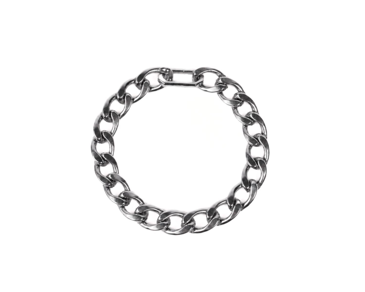 A silver-colored metal bracelet with a circular chain design.