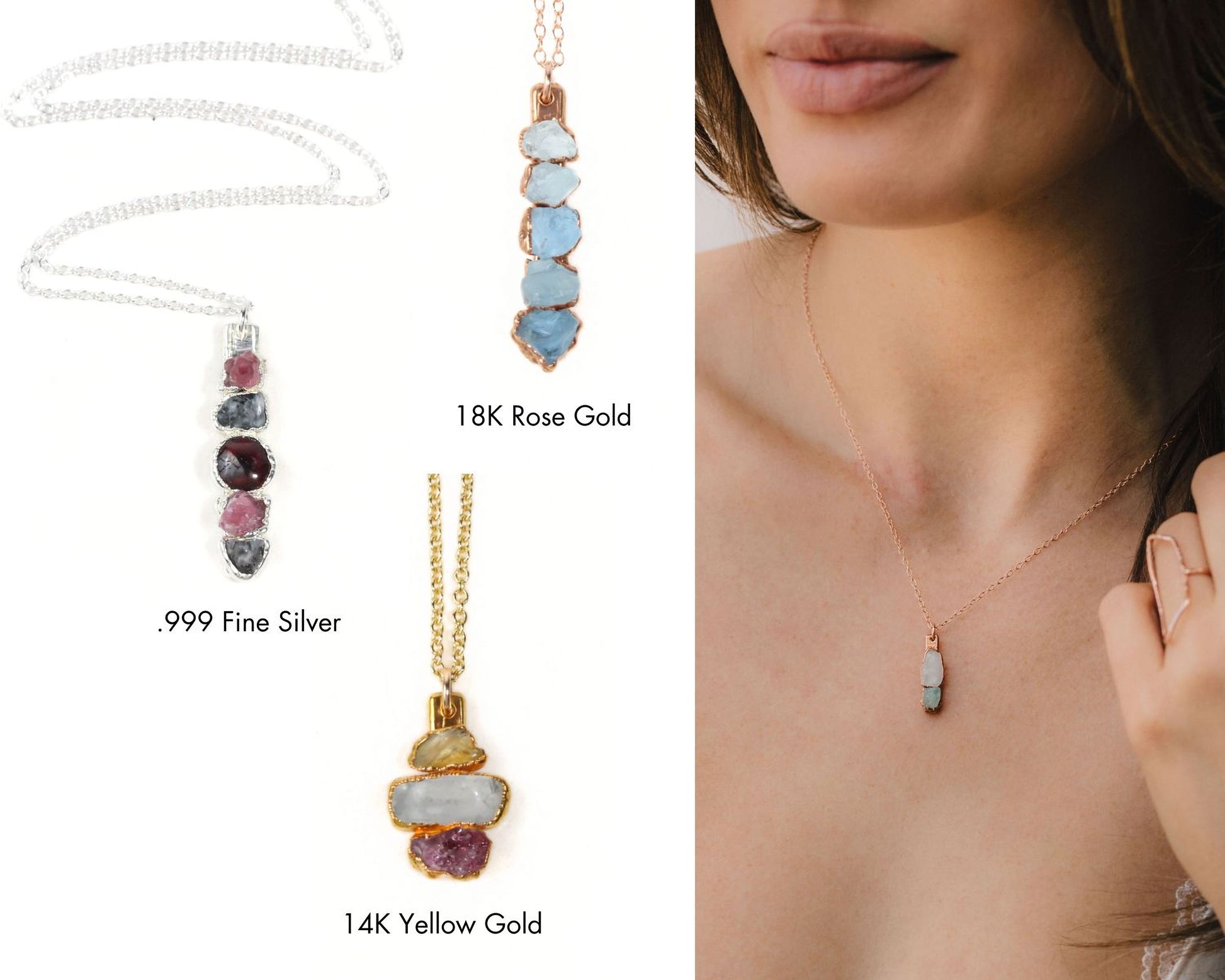 The image is a collage of four different necklaces, each with unique designs and materials. The necklaces include a necklace with a rose gold pendant, a necklace with a 18K rose gold pendant, a necklace with a fine silver pendant, and a necklace with a 14K yellow gold pendant. The necklaces are displayed alongside a close-up of a woman's neck and face, showcasing the variety of designs and materials used in the jewelry.
