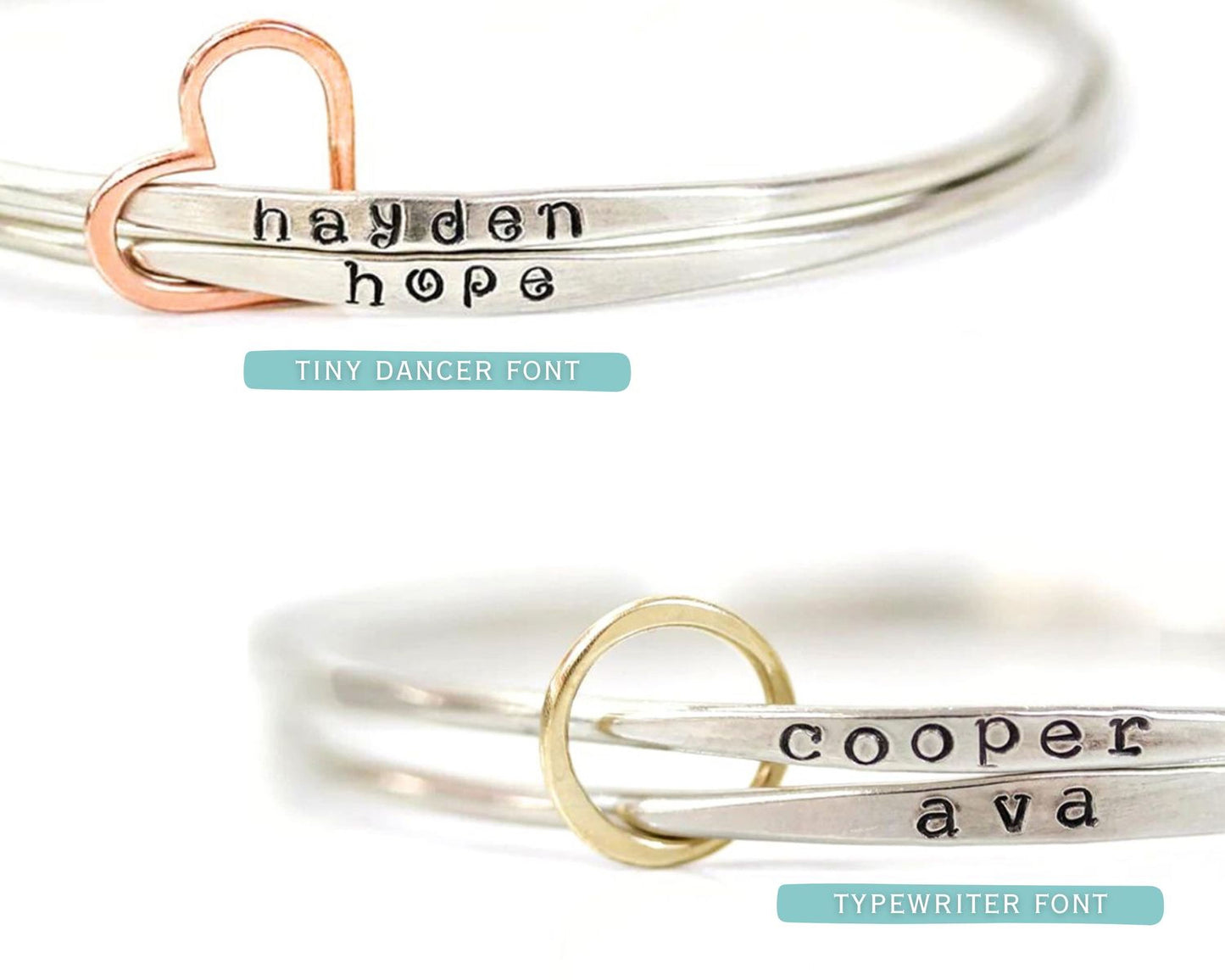 two bracelets with personalized names engraved on them. The bracelet on the left has the name " Hayden Hope" engraved on it, while the bracelet on the right has the name " Cooper Ava" engraved on it.