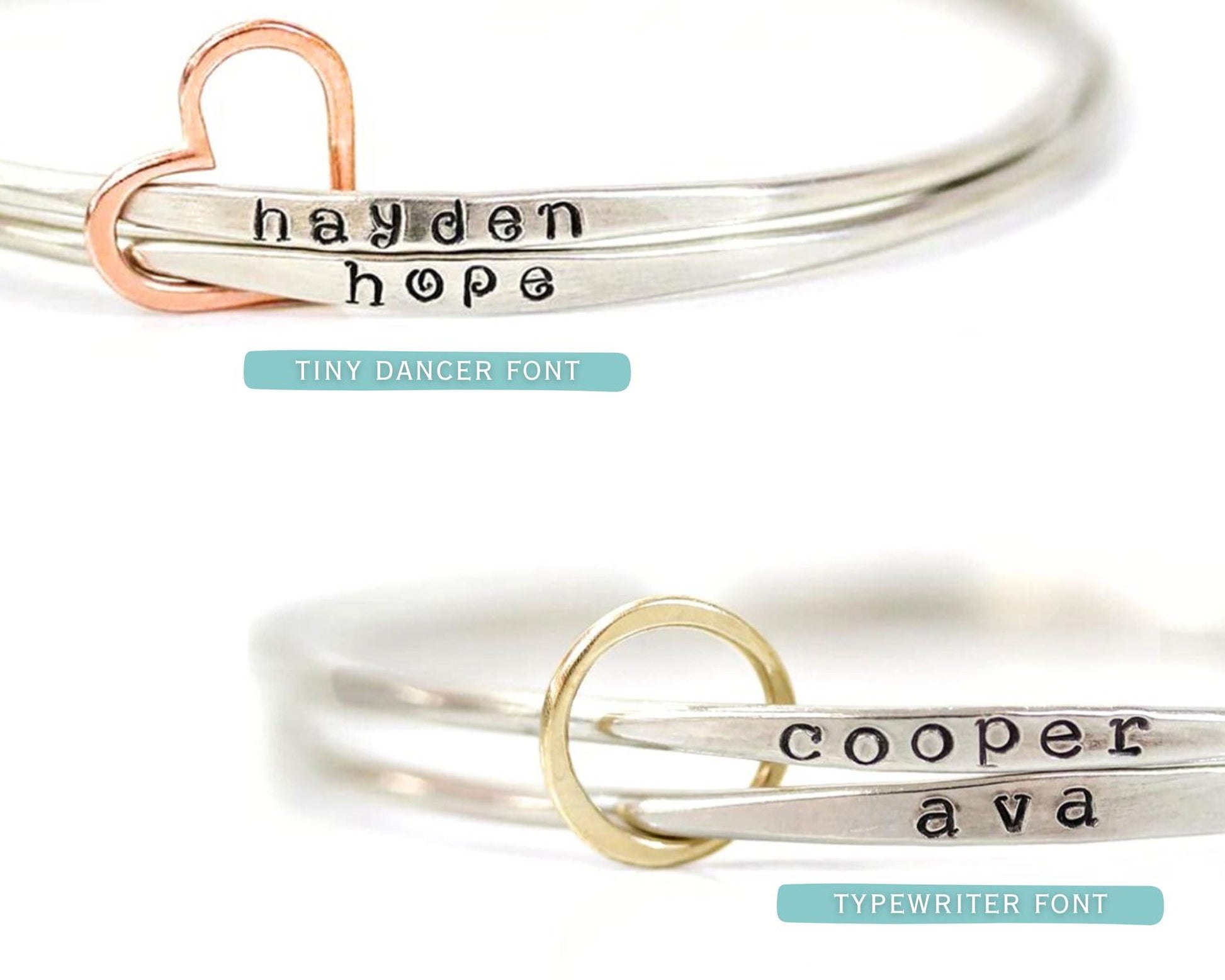 two bracelets with personalized names engraved on them. The bracelet on the left has the name " Hayden Hope" engraved on it, while the bracelet on the right has the name " Cooper Ava" engraved on it.