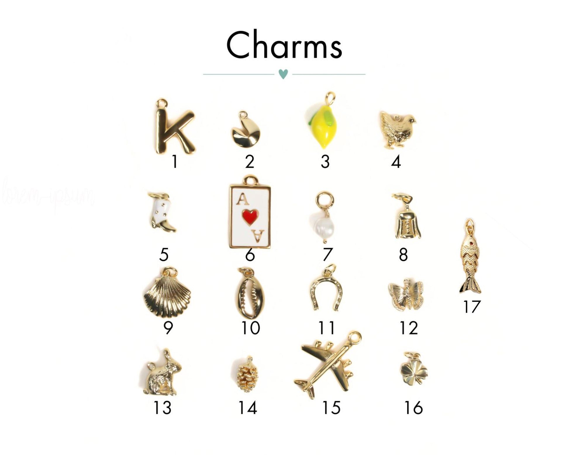 a collection of 16 different charms, each with unique designs and shapes, arranged in a grid format.