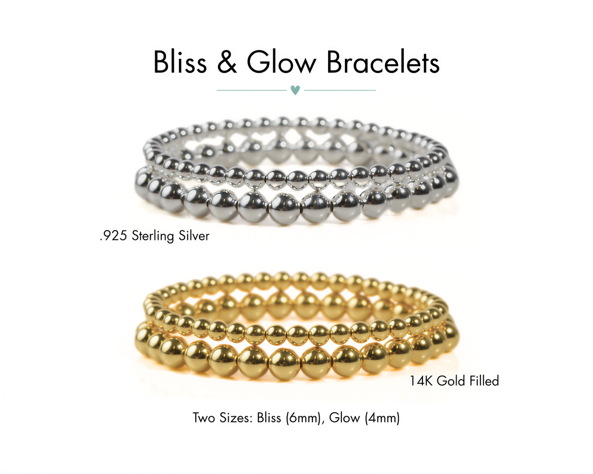 two types of bracelets: a silver bracelet and a gold bracelet. The silver bracelet is 925 sterling silver, and the gold bracelet is 14K gold filled. The bracelets are arranged side by side, showcasing their different sizes and designs.