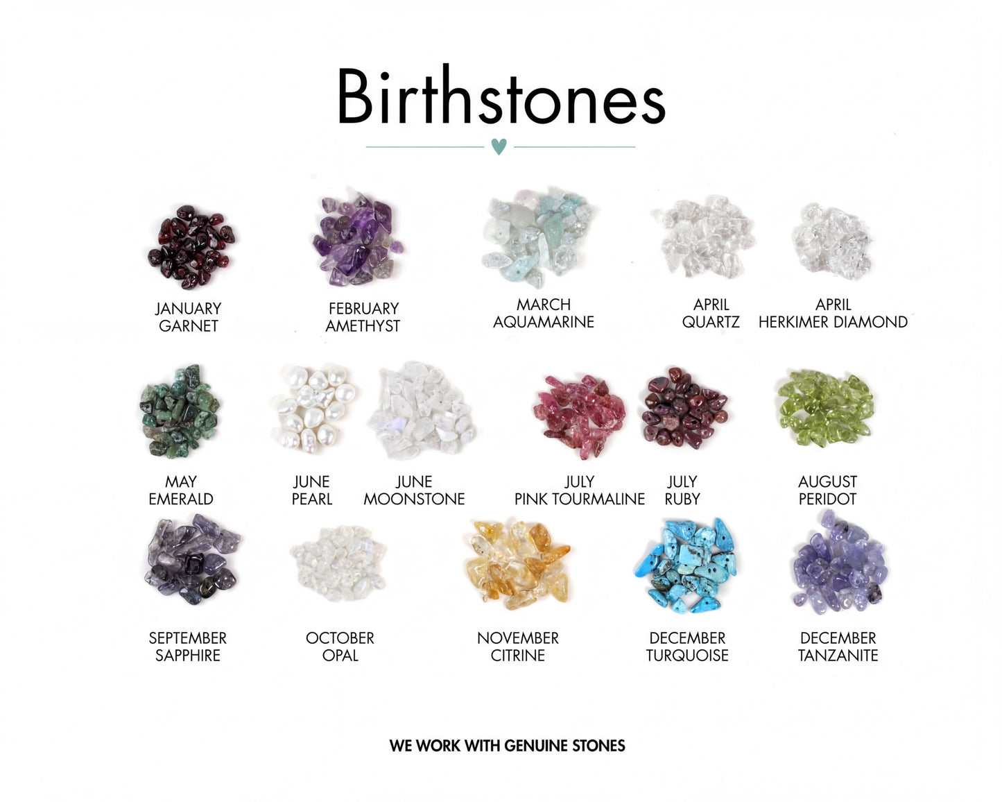 a collection of birthstones, each representing a different month of the year. The birthstones are arranged in a grid format, with each month's birthstone placed in a separate pile. The text "Birthstones" is prominently displayed at the top of the image, and the phrase "WE WORK WITH GENUINE STONES" is written at the bottom.
