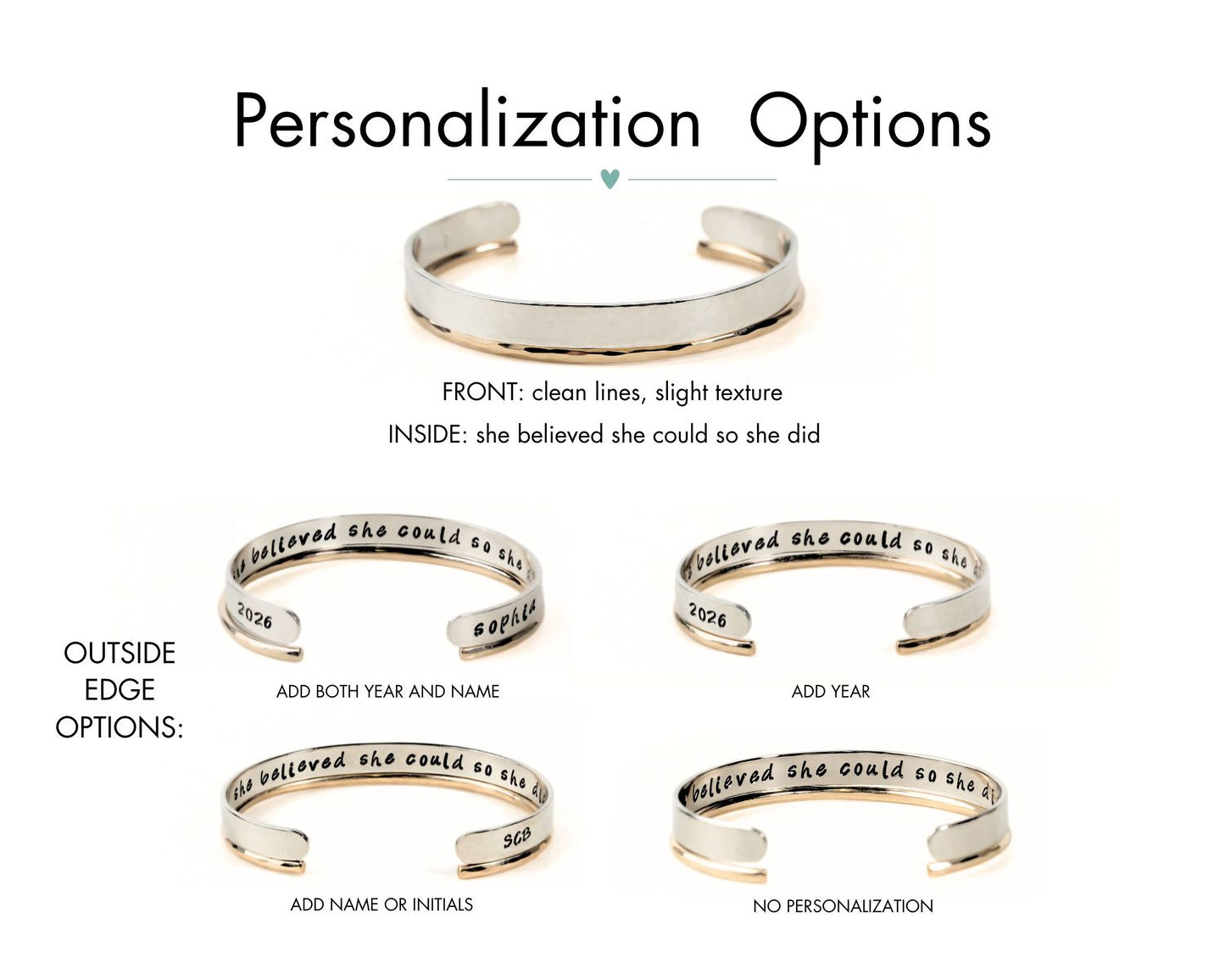 a variety of personalized bracelet options, each with different text engraved on the bracelet. The options include adding both a year and a name, adding a year, adding a name or initials, and adding no personalization. The text on the bracelets varies, but they all share a common theme of personalization.