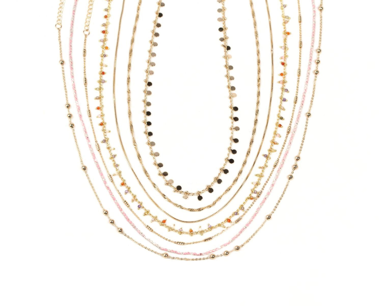 A collection of various colorful necklaces with different bead and gemstone designs.