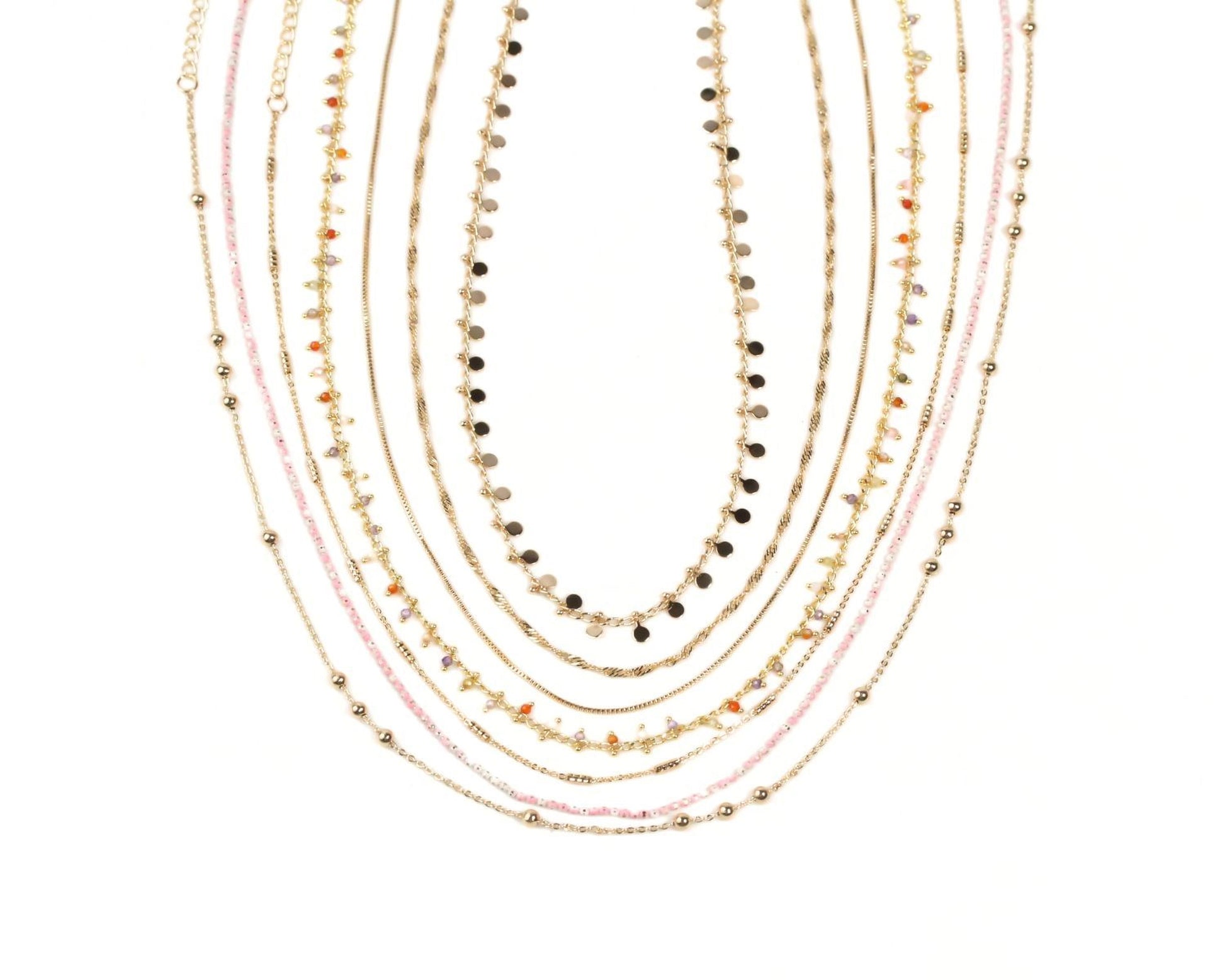 A collection of various colorful necklaces with different bead and gemstone designs.